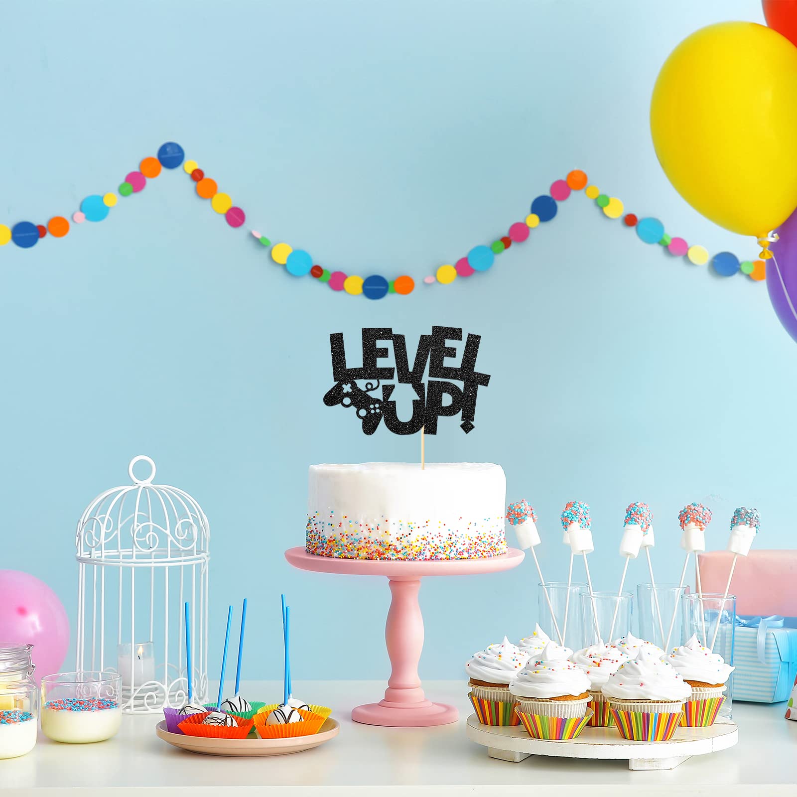 Level Up Video Game Cake Topper - Black Glitter Birthday Party Decorations for Kids | Perfect for Gaming Theme Birthday Parties, Cake Decorations & Party Favors