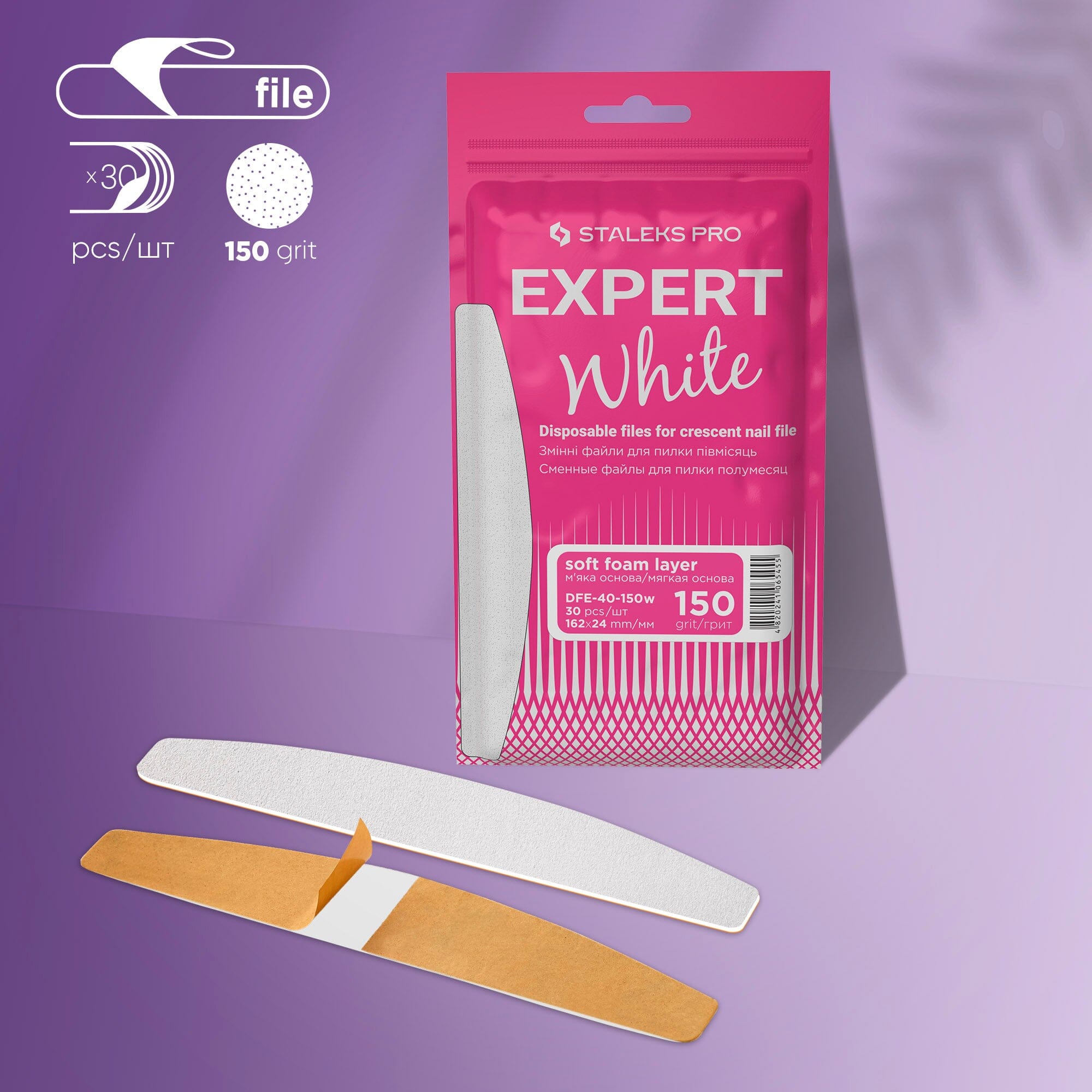 Staleks Expert 40 150 Grit Disposable White Nail Files - 30 Pack for Soft Foam Layer & Crescent Nails - Perfect for Salon, Manicure & Home Nail Care