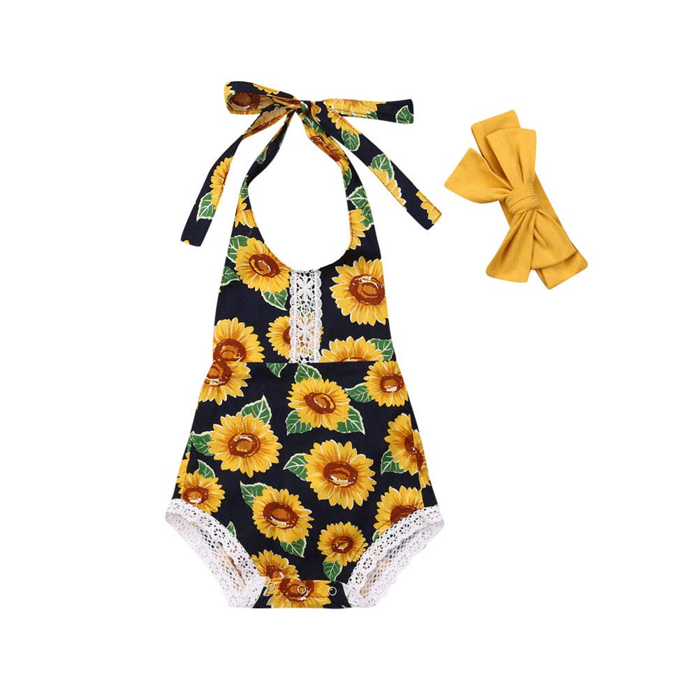 Newborn Baby Girl Floral Bodysuit & Headband Set - Soft Cotton Halter Romper Jumpsuit for Infants & Toddlers - Perfect for Photoshoots, Birthday Parties & Summer Outfits