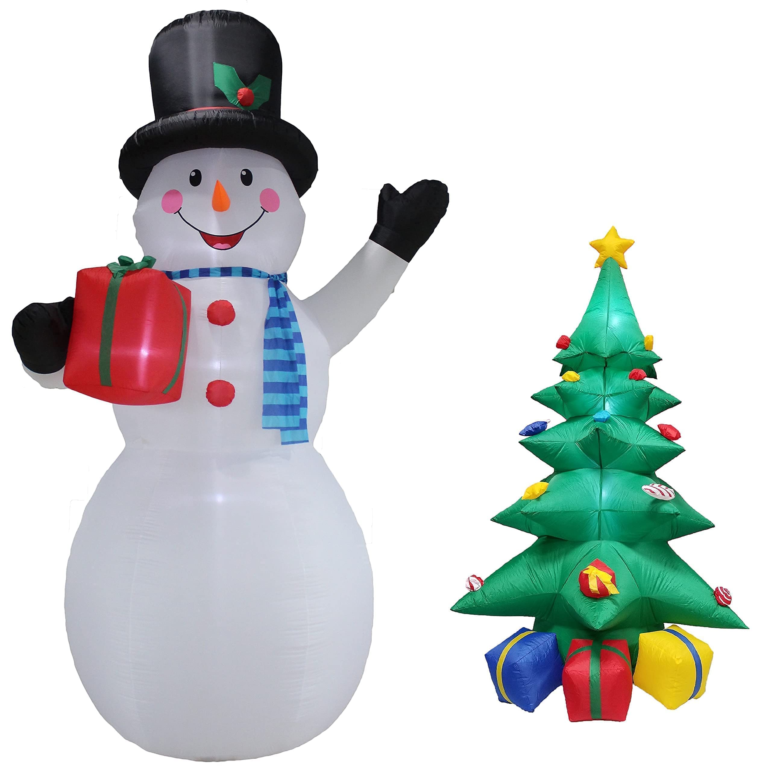 12ft Giant Christmas Snowman with Gift Box & 8ft LED Inflatable Christmas Tree with Colorful Gifts - Outdoor Holiday Decor Set for Yard, Lawn, and Party Decorations