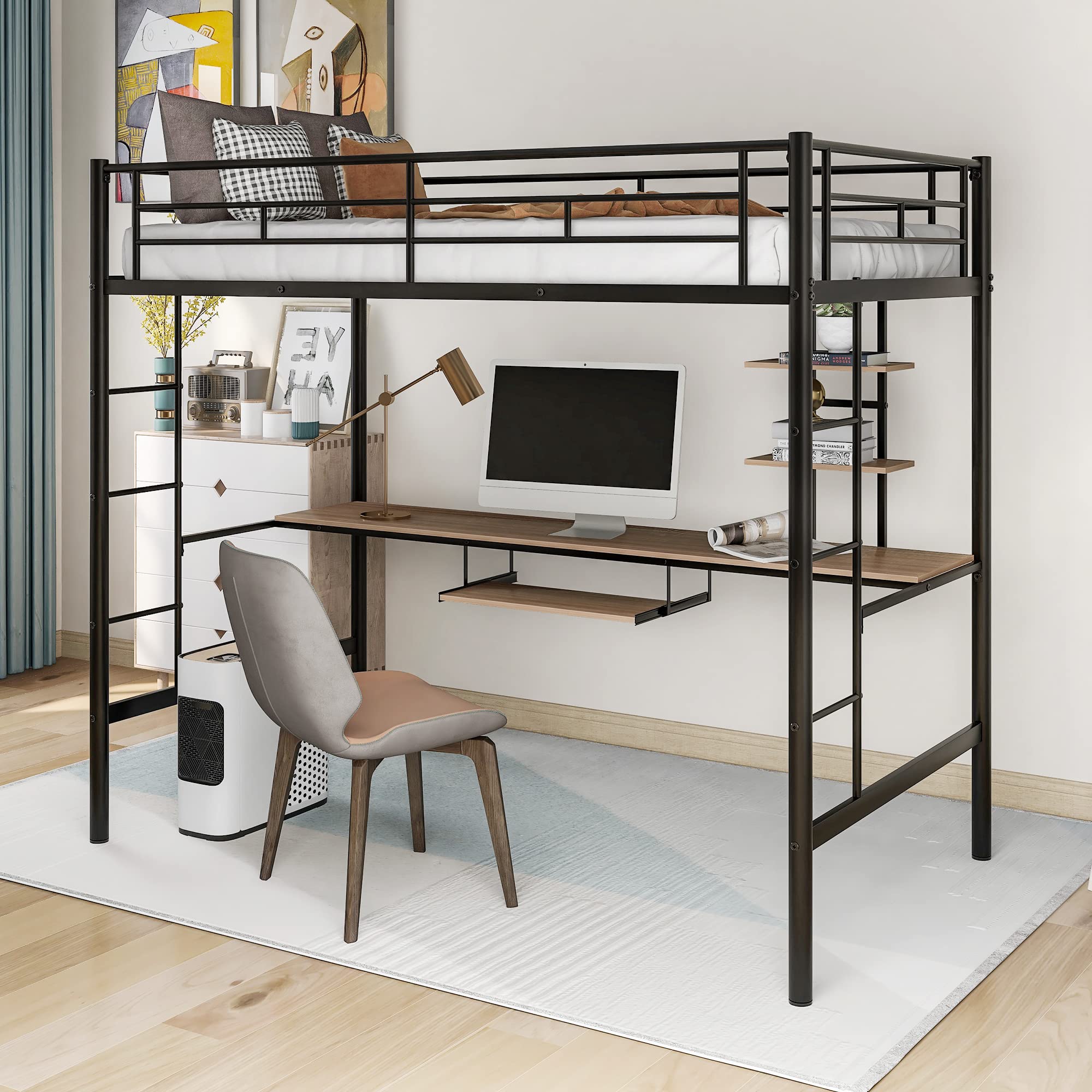 LXBB Heavy Duty Metal Loft Bed with Desk & Shelves - Space Saving Twin Size Bed Frame with 2 Built-in Ladders, Guardrails & Keyboard Tray - Perfect for Kids, Teens & Adults (Black) | Ideal for Small Bedrooms, Dorms & Studio Apartments