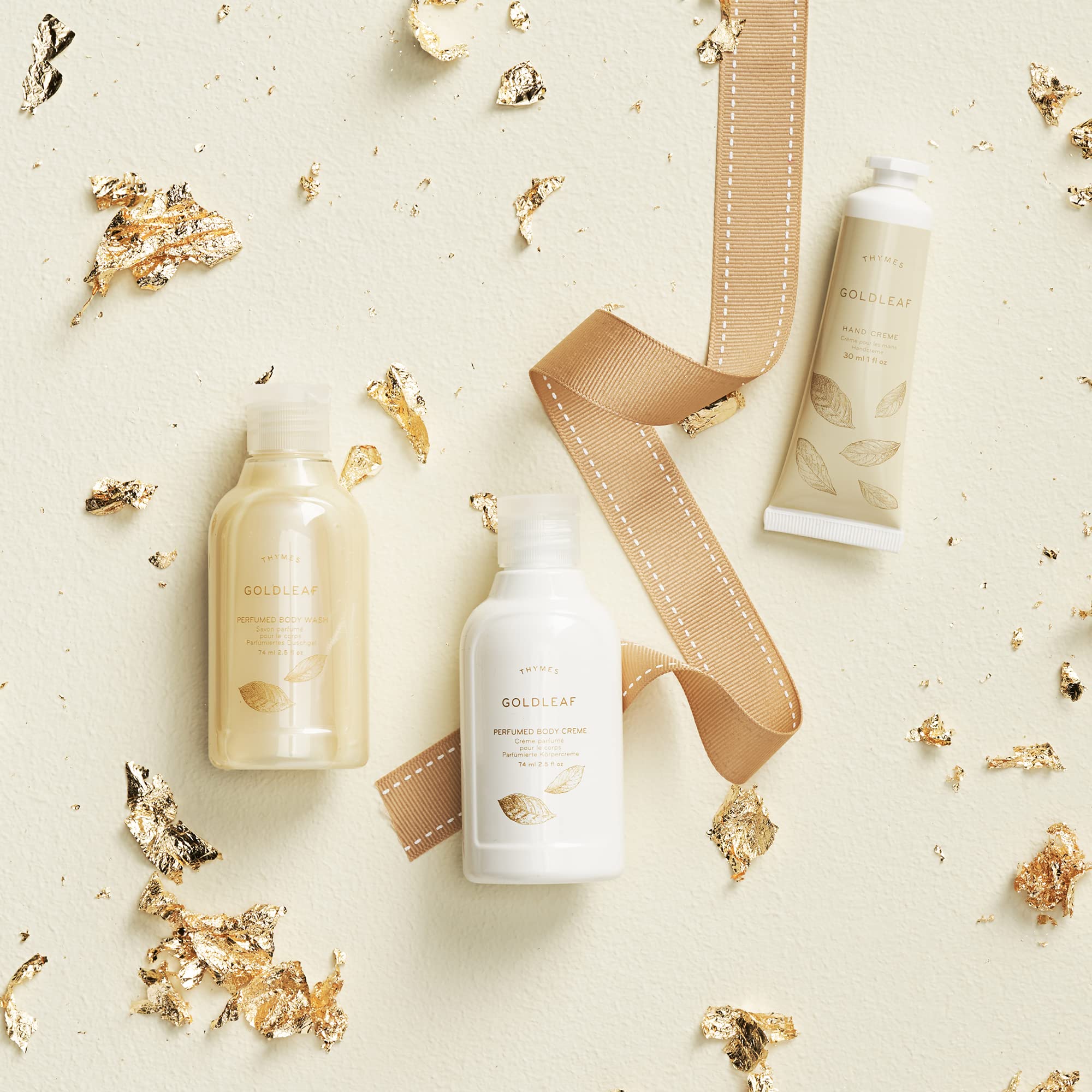 Thymes Goldleaf Perfumed Travel Set with Body Wash, Lotion & Hand Cream | Luxury Beauty Gift Set for Women | Perfect for Vacation, Spa Days & On-the-Go Pampering