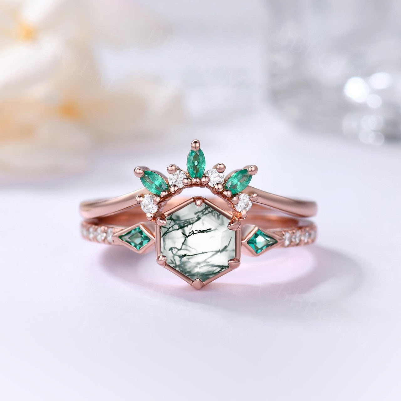 Natural Hexagon Green Moss Agate and Kite Emerald Engagement Ring Set with Diamond Wedding Band - Elegant Bridal Jewelry for Proposals, Weddings & Anniversaries