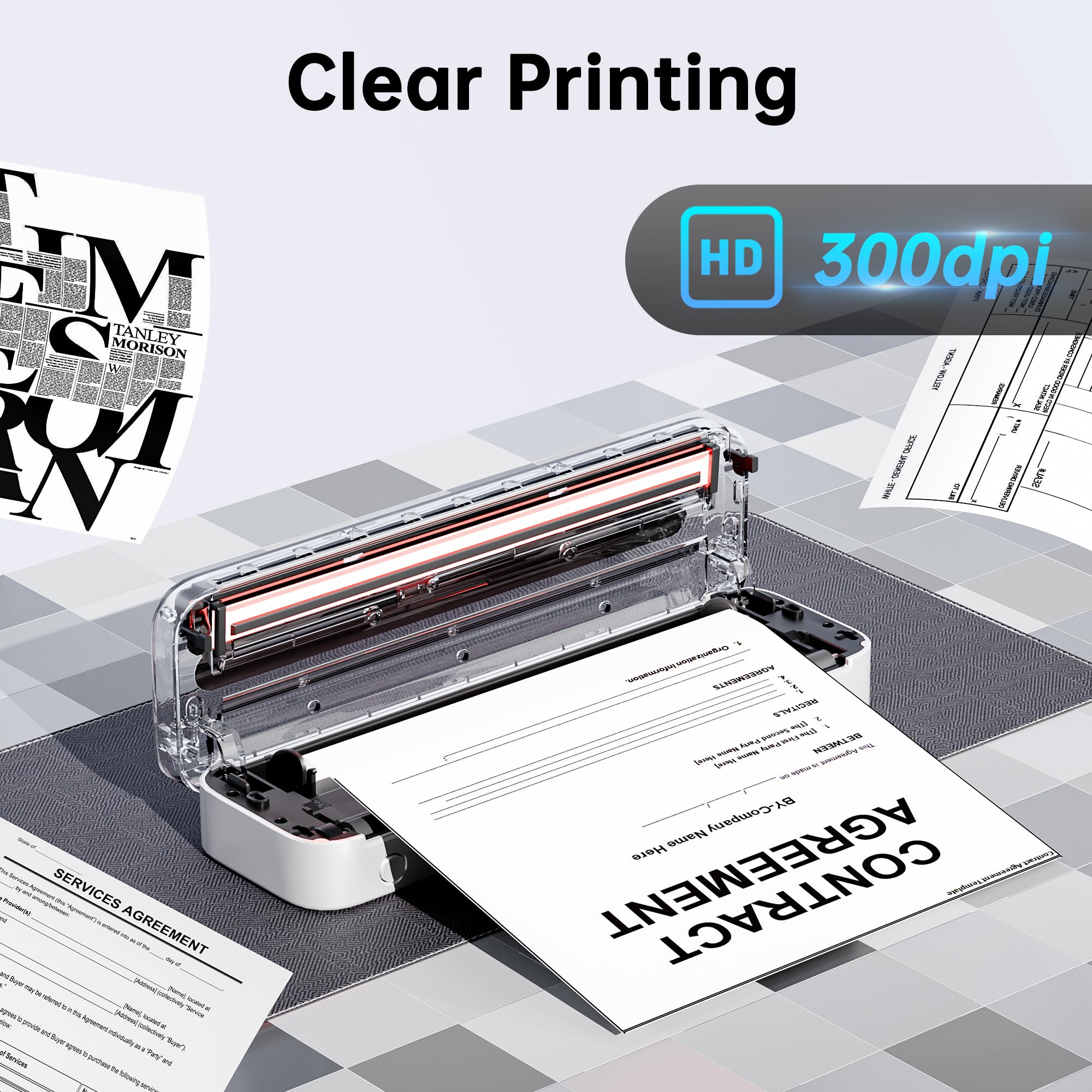 Portable Wireless Bluetooth Thermal Printer - 300DPI High Resolution, Multi-Size Paper Support, Compatible with iOS Android PC - Inkless Mobile Printer for Travel, Office, School, Home & Business Use (White)