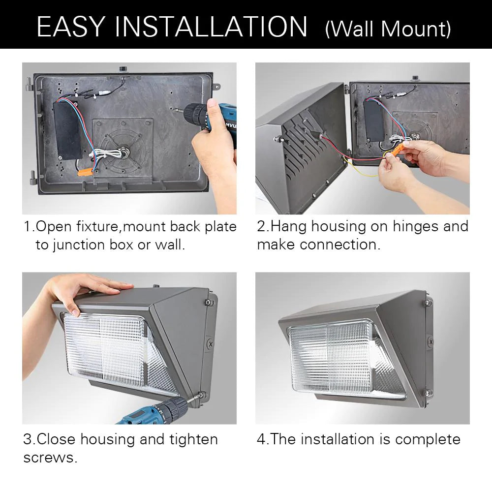 High-Efficiency LED Wall Pack Light with Photocell - 108W/90W/63W Selectable, 14,040 Lumens, 5000K Daylight White, 120-277V, Durable Glass Lens - Ideal for Parking Lots, Warehouses & Building Exteriors