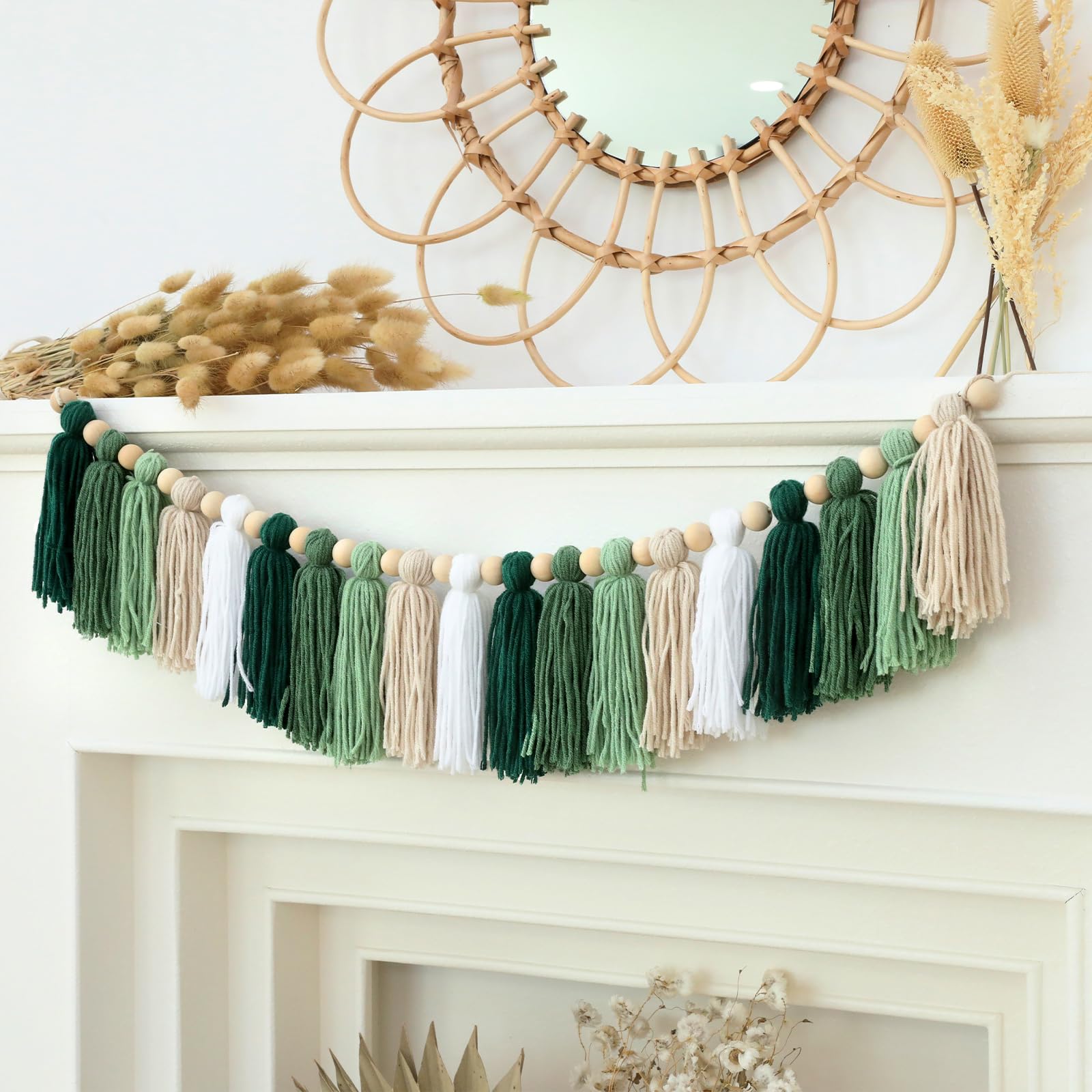 Natural Wood Bead Garland with Green Tassels - Boho Wall Hanging Decor for Nursery, Kids Bedroom, Baby Shower & Birthday Party | Perfect for Bohemian Home Decor and Photo Backdrops