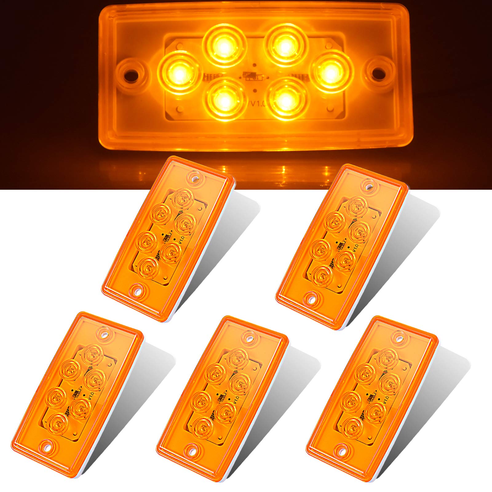 6 LED Waterproof Amber Rectangle Truck Roof Light with Gasket - Clear Lens Heavy Duty Cab Marker Lights for Volvo/Freightliner Trailers (5 Pack) | Durable Running Lights for Night Driving & Enhanced Road Safety