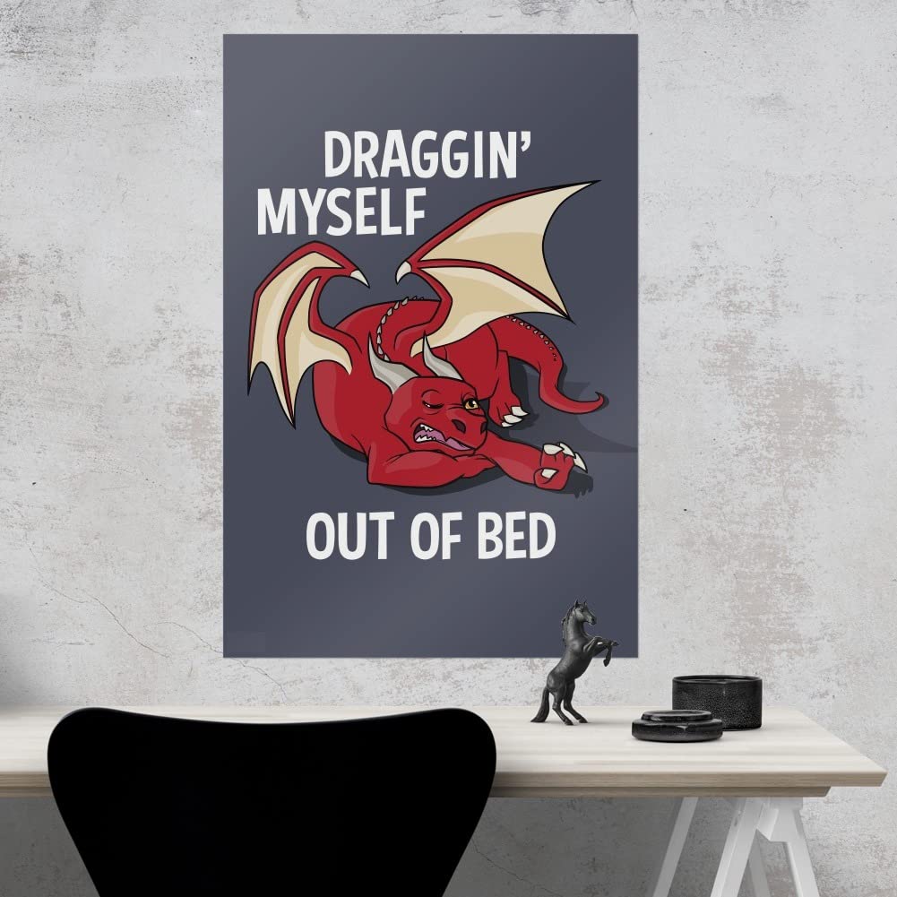 GRAPHICS & MORE Draggin' Myself Out of Bed Dragon Wall Art - 12x18 Inch Framed Poster Print for Home, Office & Dorm Room Decor - Fantasy Themed Bedroom & Living Room Wall Decoration