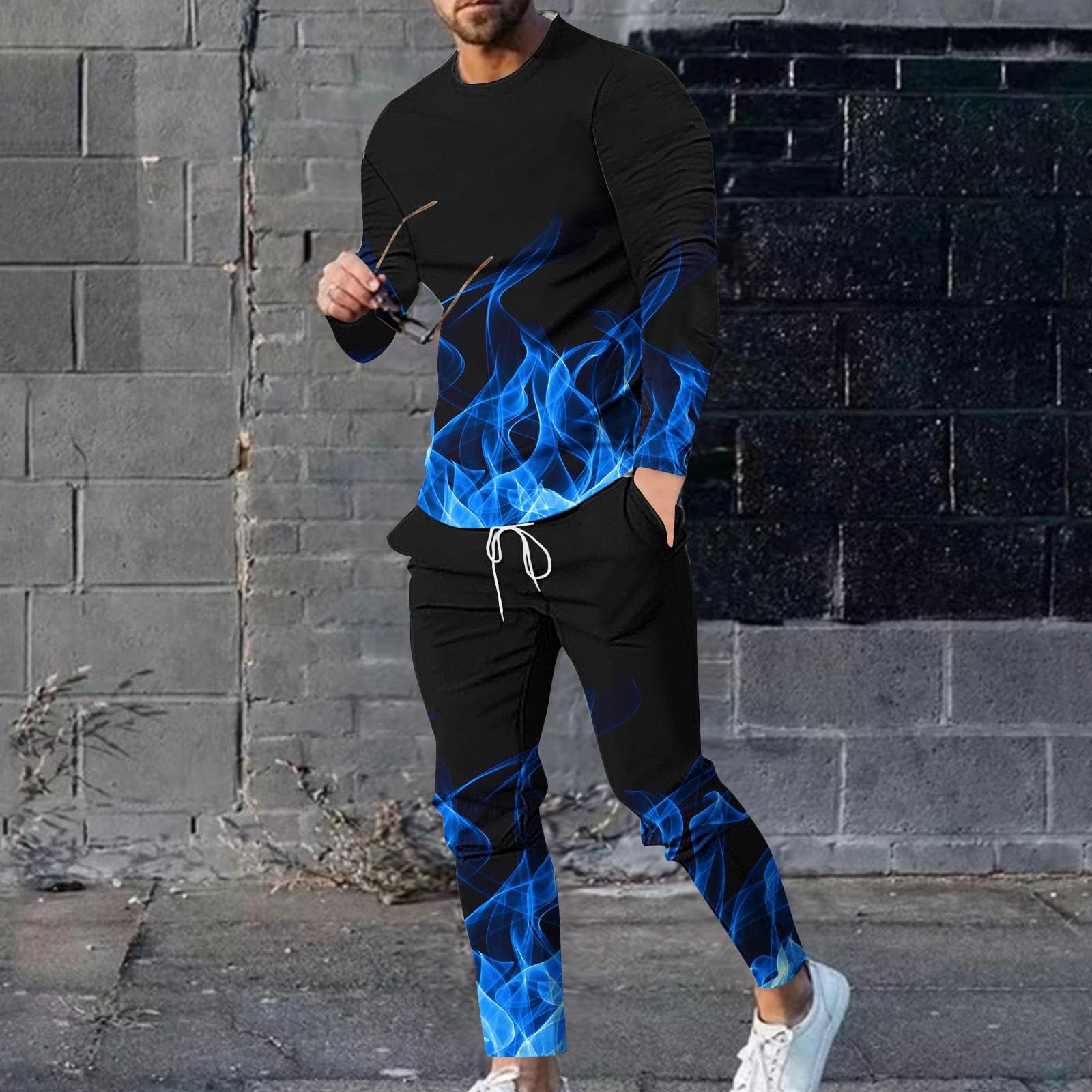 Men's Y2K Funny Lighting 2-Piece Lounge Suits - Round Neck Artistic Workout Sets for Outdoor & Gym Fashion | Trendy Novelty Suits for Casual Wear & Street Style