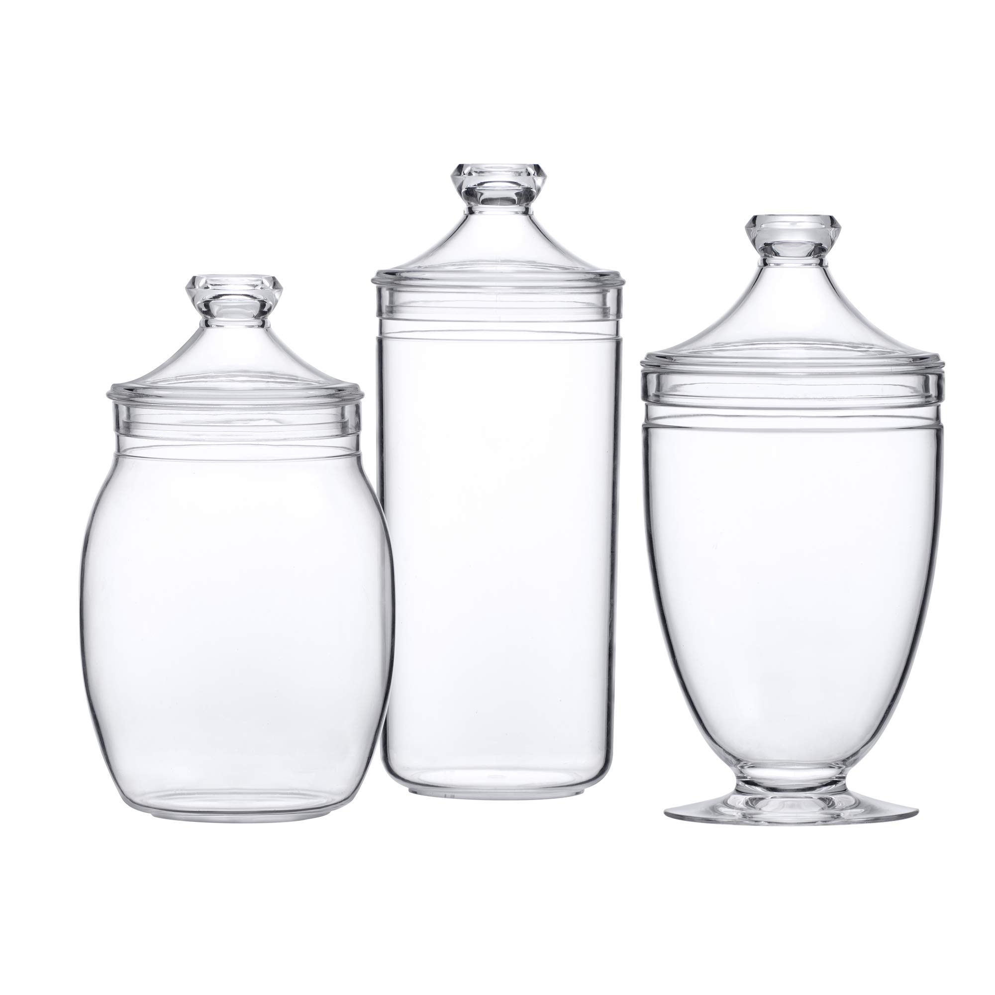 Amazing Abby - Adore - 3-Piece Plastic Apothecary Jars Set (52/46/46 oz) with Lids, BPA-Free Shatter-Proof Acrylic Canisters for Bathroom Storage, Candy Buffet, Wedding Decor, Kitchen Pantry & Home Organization