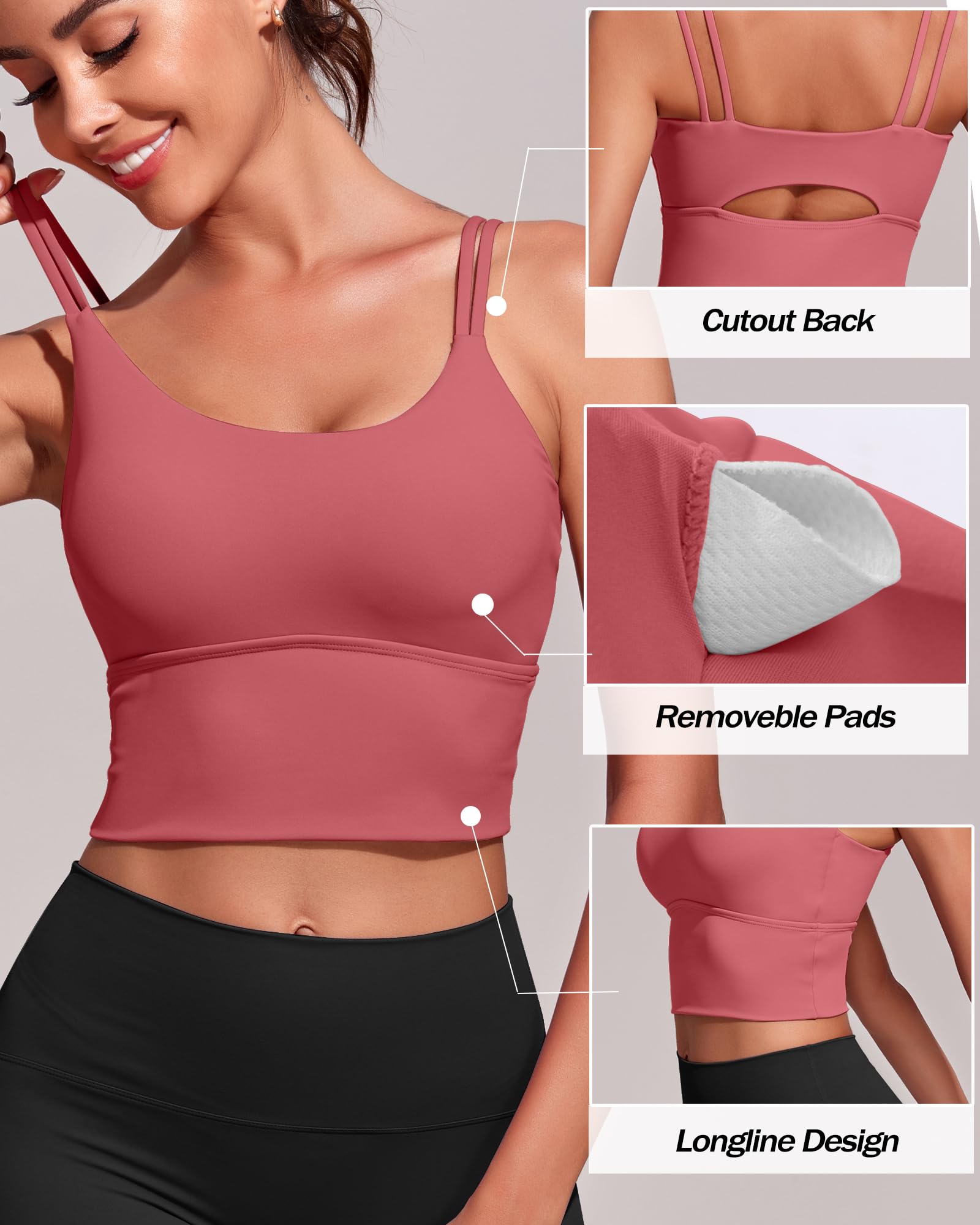 Everrysea Women's Longline Sports Bra - Padded Workout Tank Top with Built-in Bra, Strappy Yoga Crop Top Camisole for Running, Gym & Yoga