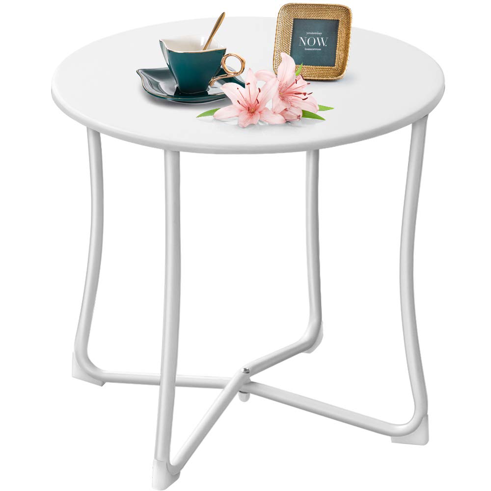 AMAGABELI GARDEN & HOME 18 Inch White Metal Patio Side Table - Weather Resistant & Anti-Rust Outdoor Coffee Table for Balcony, Garden, Yard, Porch - Perfect for Drinks, Snacks & Outdoor Relaxation