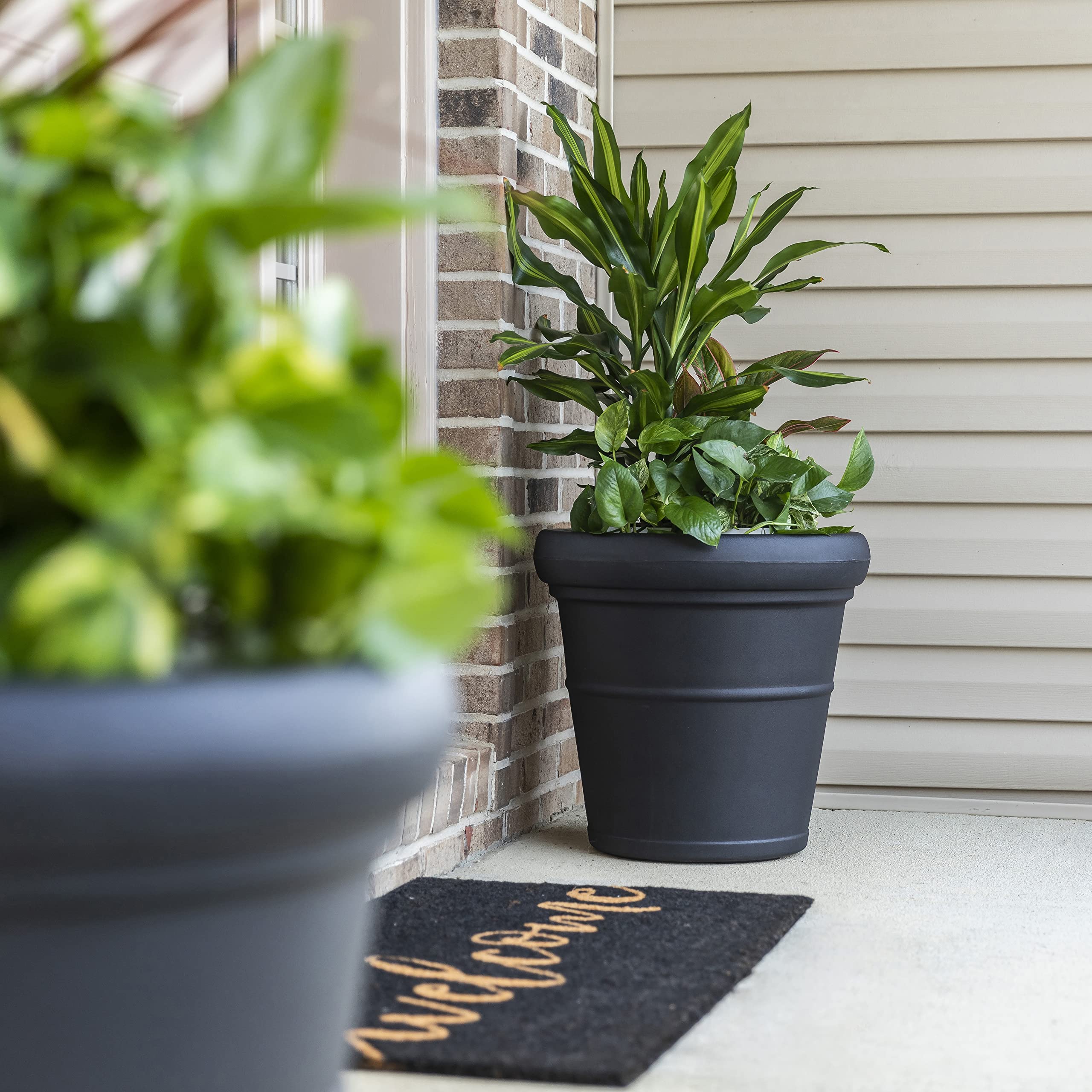Step2 Claremont Tall Round Planter - 2 Pack Large Outdoor Planters for Gardening, Flowers & Patio Decor - Durable Plastic with Efficient Drainage (Onyx Black) - Perfect for Porch, Deck & Backyard Landscaping