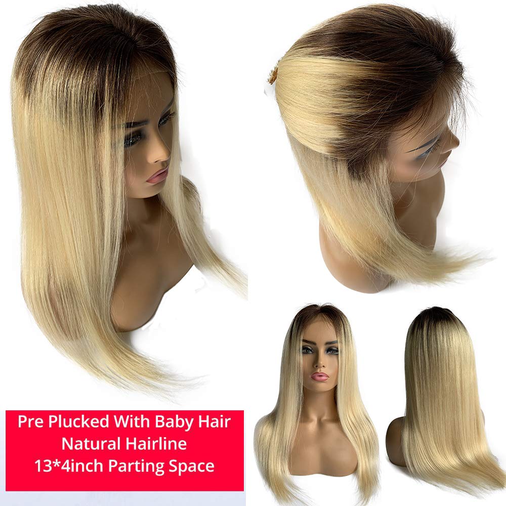 Smartinnov #4/613 Blonde to Dark Roots Ombre Human Hair Lace Front Wig - 12 Inch Straight Brazilian Virgin Hair with 4x4 Lace Closure, Pre-Plucked Hairline & 150% Density for Women | Perfect for Daily Wear, Cosplay & Special Occasions