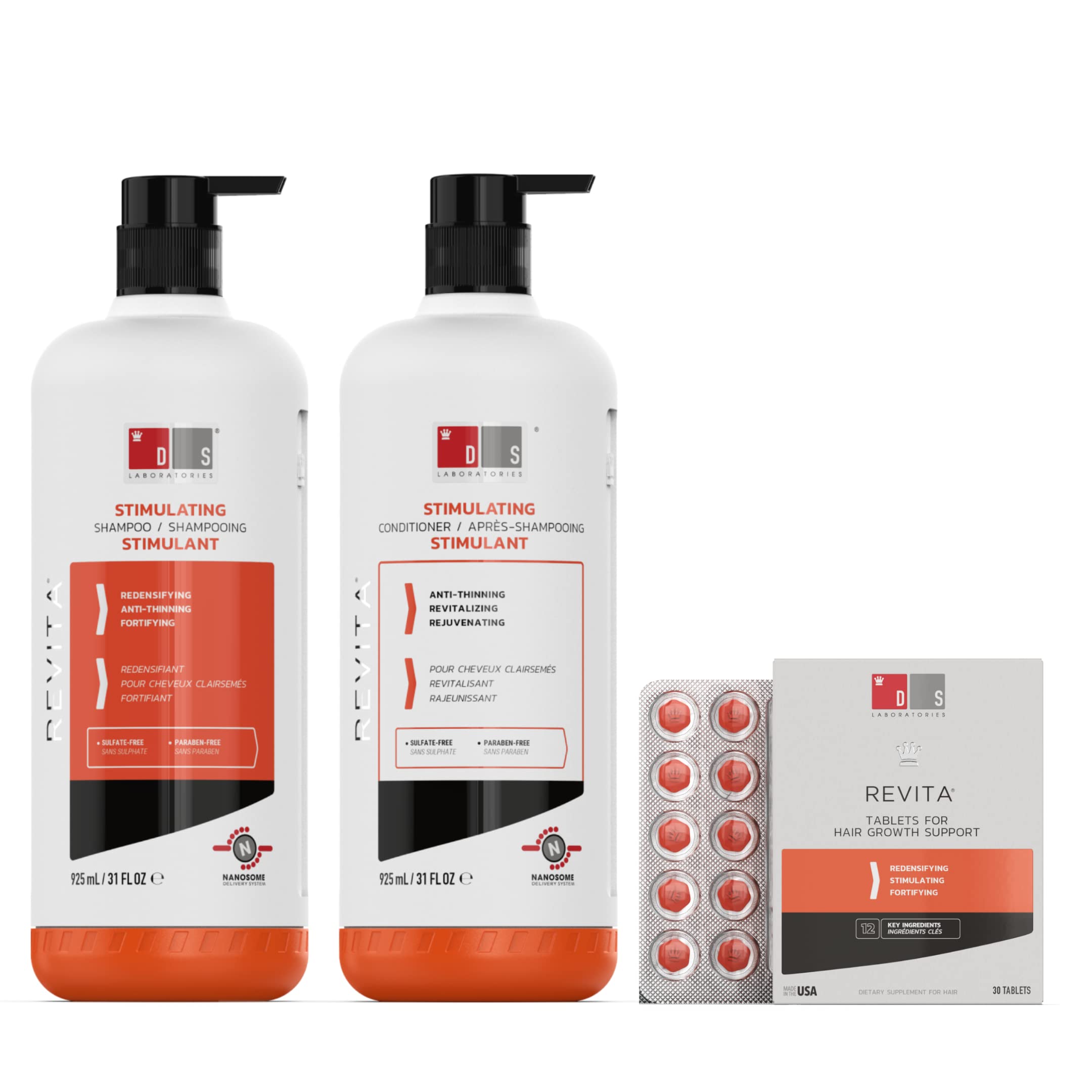 DS Labs Revita Shampoo & Conditioner Set with Hair Growth Tablets - Thickening Shampoo for Hair Regrowth, Biotin-Enriched Conditioner & Hair Vitamin Supplements for Fuller Hair - Perfect for Thinning Hair Care & Scalp Health (For Men & Women)