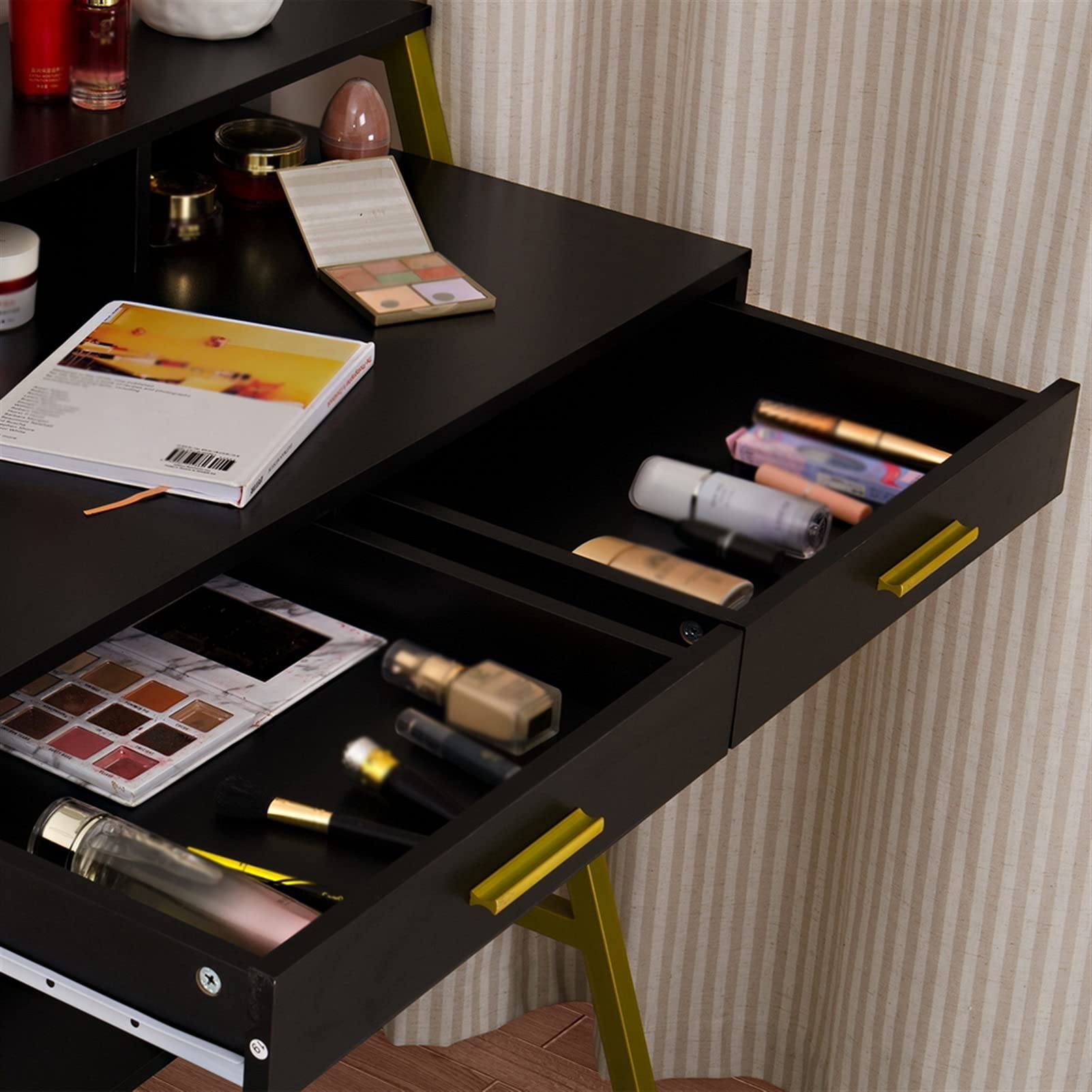 Golden LED Vanity Desk with Mirror & Drawers for Makeup - Black