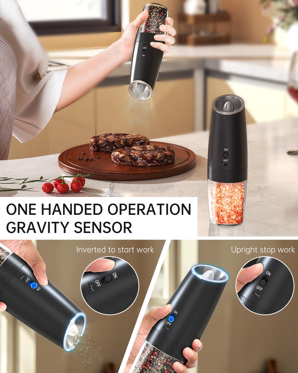 Premium Electric Pepper & Salt Grinder Set - Rechargeable Gravity-Operated Mill with LED Light, Adjustable Coarseness, 135ml Washable Container (Black) - Perfect for Kitchen, Dining Table & Outdoor BBQ