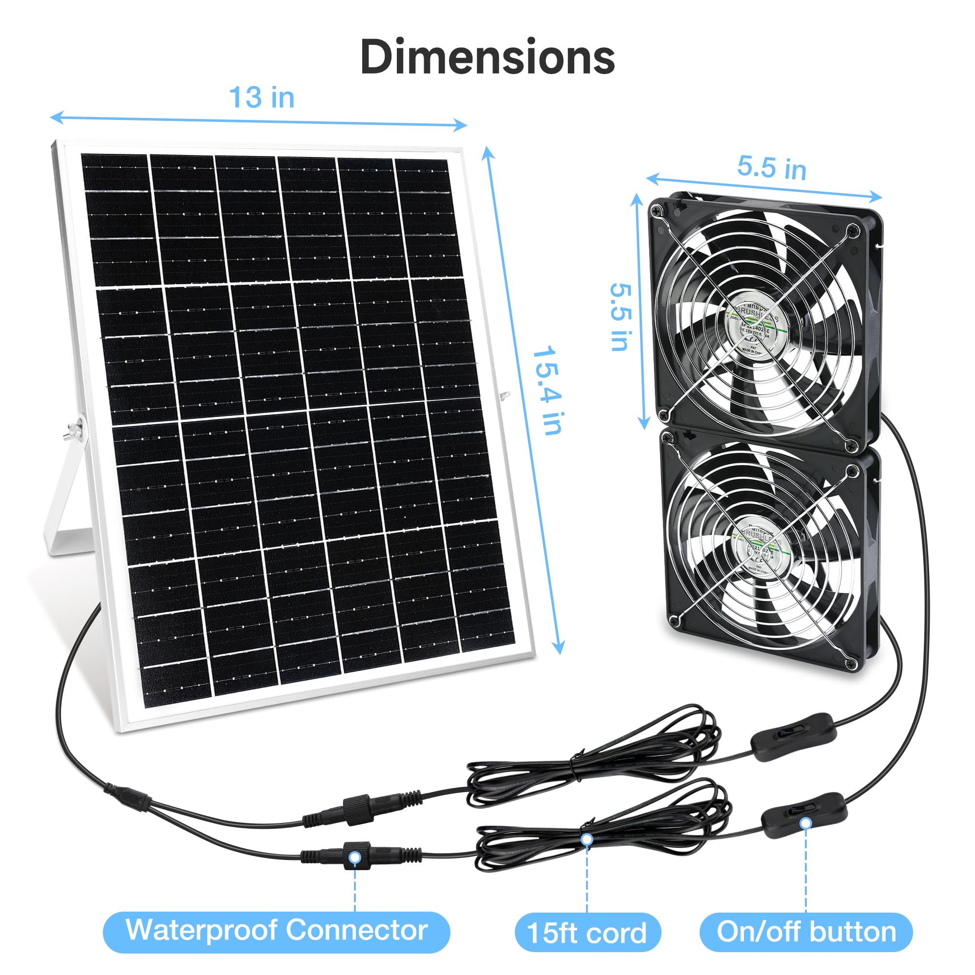 25W Solar Powered Dual Fan Kit - IP67 Waterproof for Chicken Coop & Greenhouse - 5.5