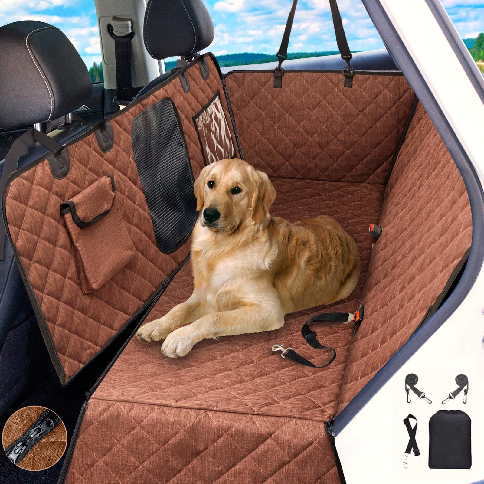 Waterproof Car Dog Hammock Back Seat Cover with Mesh Window, Nonslip Rubber Back, Washable Luxury Material, Big Storage Pocket for SUV/Sedan - Perfect for Travel & Daily Commute