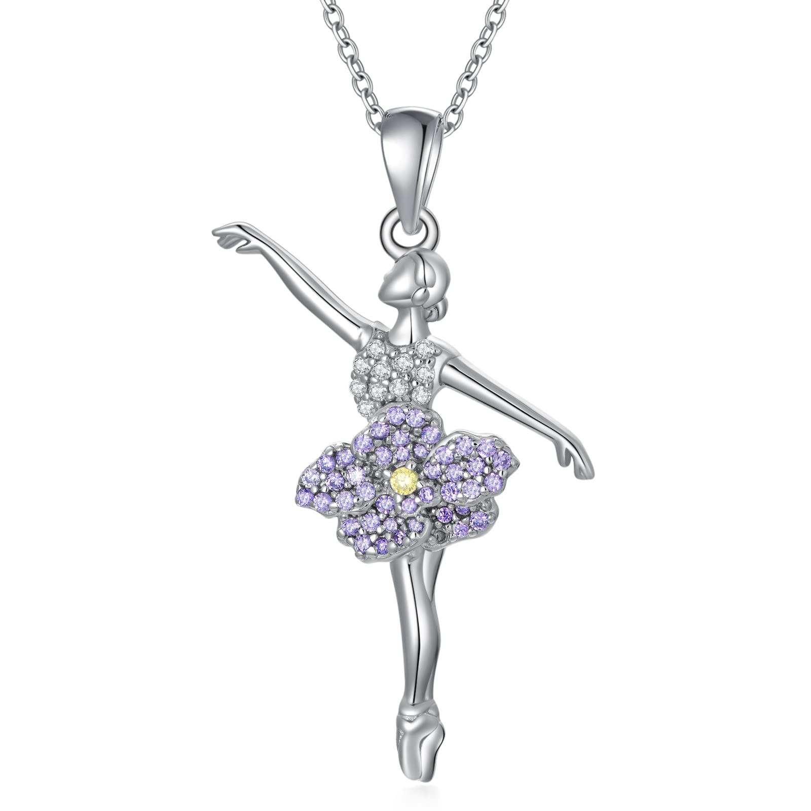 TOUPOP Sterling Silver Ballerina Pendant Necklace with Birthstone & Flower Charm - Ballet Dancer Jewelry Gift for Women, Girls, Sister, Daughter - Perfect for Birthday, Christmas & Dance Recitals