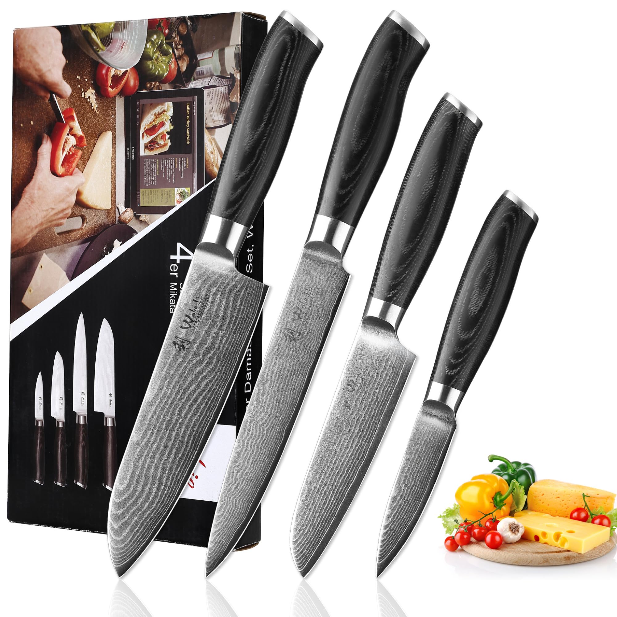 Wakoli 4-Piece Professional Damascus Kitchen Knife Set - 67-Layer Genuine Damascus Steel with VG10 Core - Ergonomic Micarta Handle Chef Knives for Precision Cutting - Perfect for Home Cooking, Professional Kitchens & Culinary Gifts