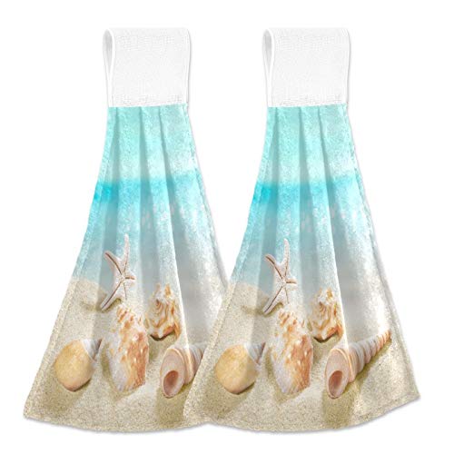 Summer Starfish Kitchen Hanging Hand Towels - 2 Pack Absorbent Cotton Beach Seashell Design Dish Towels with Loops for Bathroom, Kitchen & Home Decor | Perfect for Coastal Themed Homes, Beach Houses and Vacation Rentals