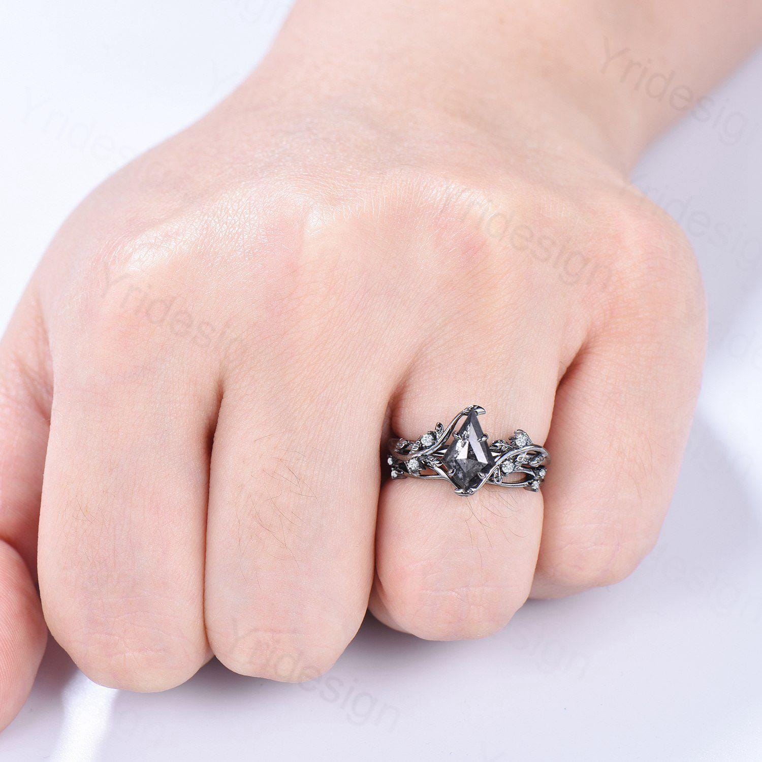 Vintage Kite Cut Salt and Pepper Diamond Engagement Ring - Nature Inspired Leaf Vine Bridal Set for Women | Unique Wedding Jewelry for Brides, Anniversary Gifts, and Romantic Proposals