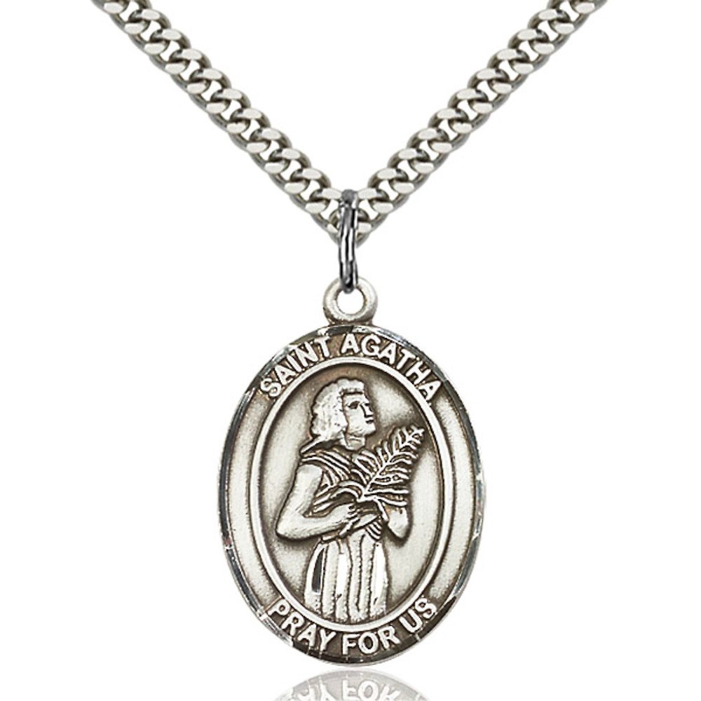 Bonyak Jewelry St. Agatha Sterling Silver Oval Medal Pendant - Handcrafted Religious Necklace for Women, Gift for First Communion, Confirmation & Catholic Devotion