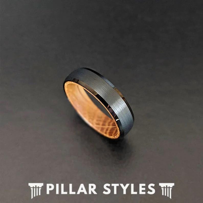 6mm Black Tungsten Wedding Band for Men with Reclaimed Bourbon Barrel Wood Inlay - Whiskey Cask Ring for Grooms, Anniversary & Unique Gifts - Perfect for Weddings, Date Nights & Special Occasions
