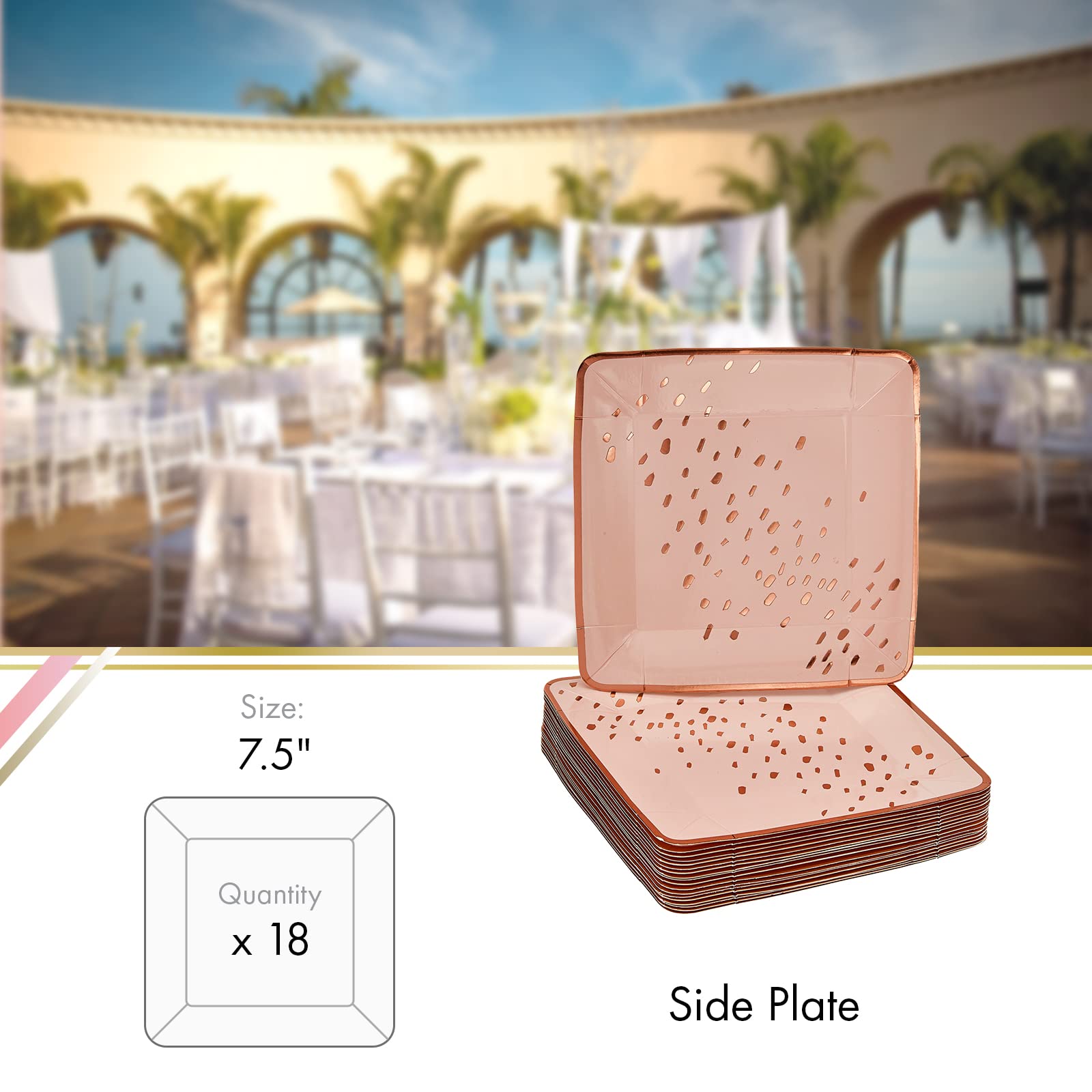 Premium 7 Inch Heavy Duty Square Disposable Paper Plates - Silver Spoons Abstract Design, Rose Gold Dinnerware Set for Birthday Parties, Baby Showers, Weddings & Special Events (18-Piece, Elegant Pink) - Perfect for Desserts, Appetizers & Stylish Table Settings