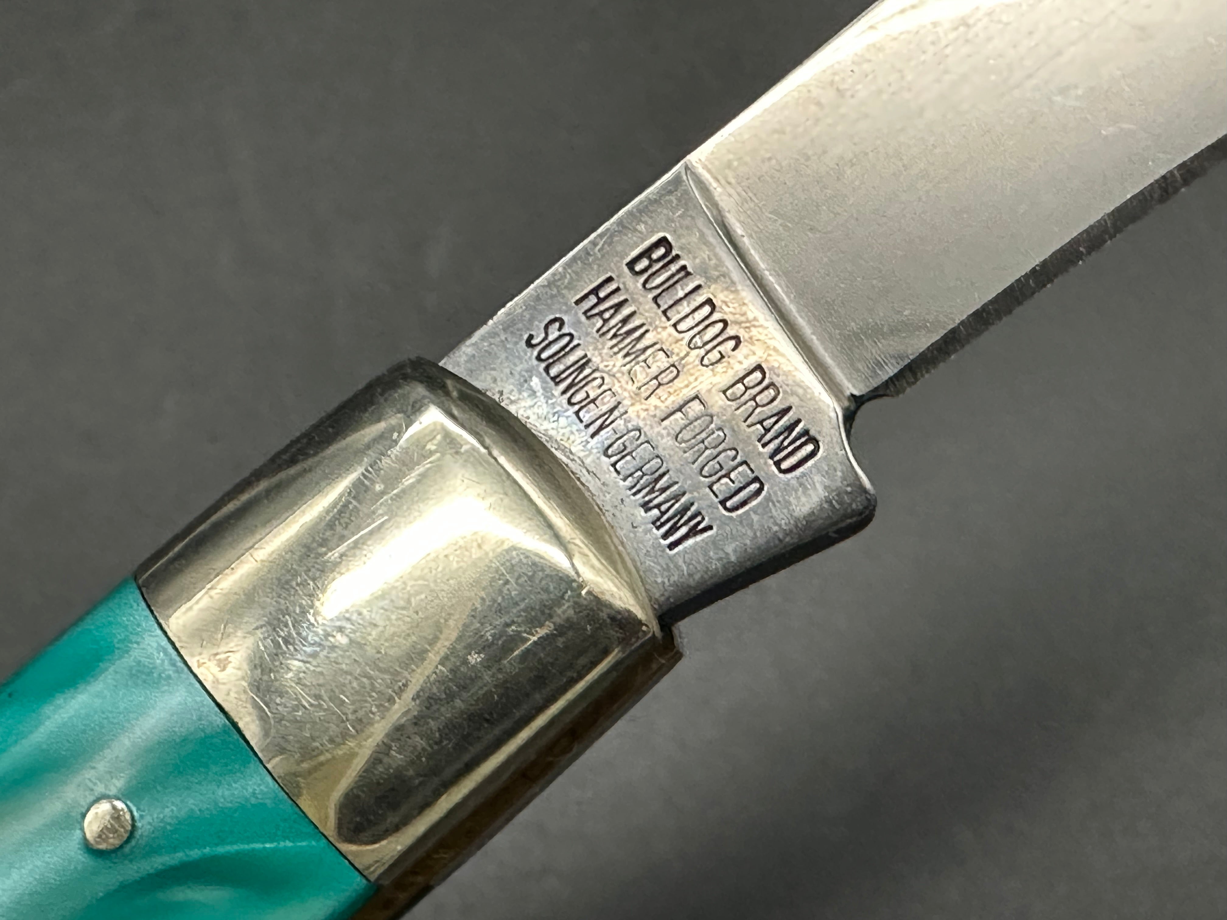 Bulldog Brand Hammer Forged Handmade Knife - Solingen Germany Crafted with Aqua Green Scales | Perfect for Outdoor Adventures, Camping & Survival