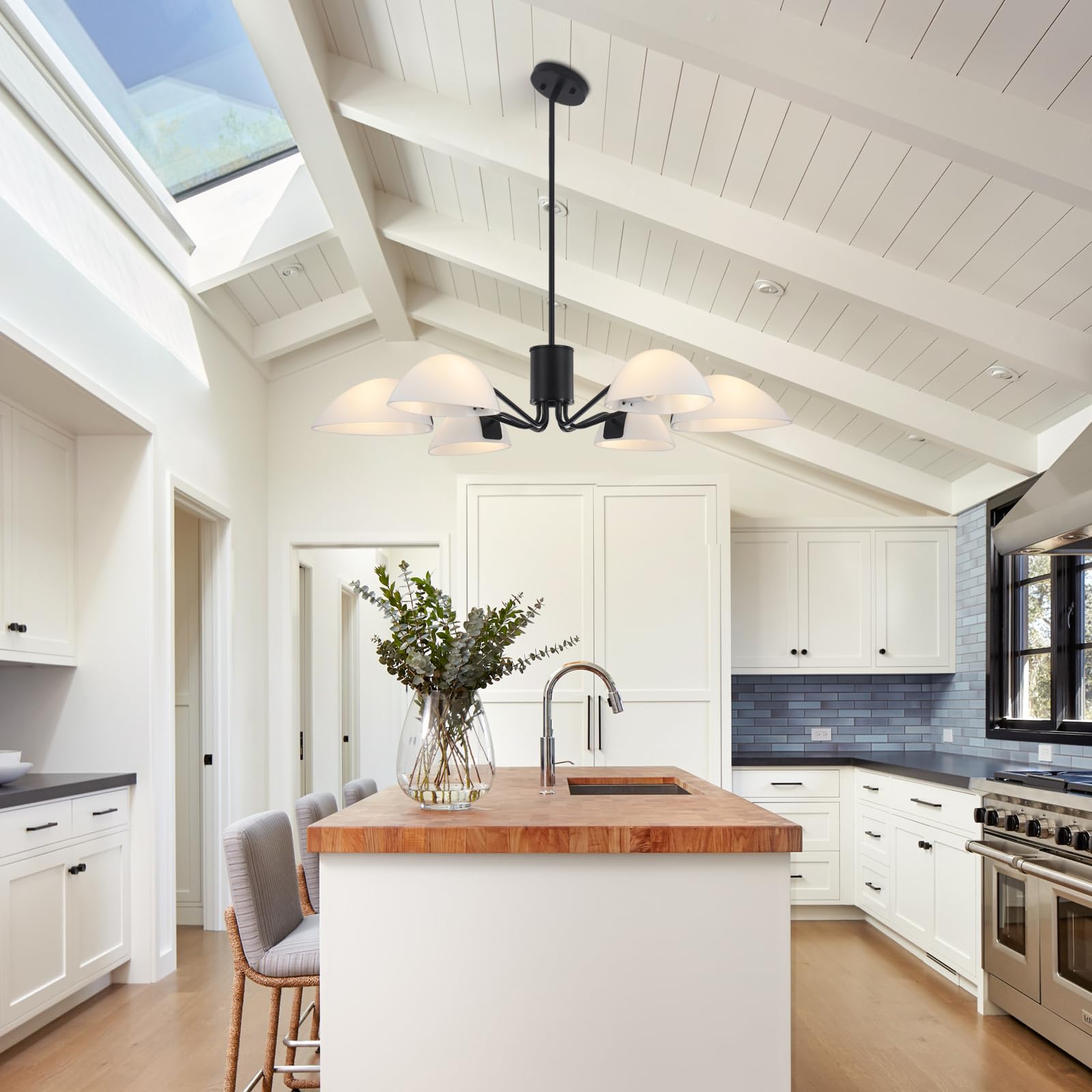 Modern Black Chandelier Ceiling Light with Milk Glass Shades - 34.64 Inch Industrial 6-Light Pendant Fixture for Dining Room, Kitchen, Hallway, Foyer & Entryway | Elegant Lighting for Home Decor, Restaurants and Office Spaces