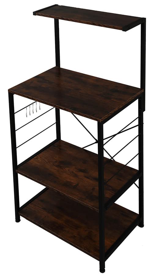 4-Tier Metal Standing Baker's Rack with Hooks - Rustic Brown Kitchen Microwave Oven Stand, Multipurpose Storage Shelf for Living Room & Kitchen - Perfect for Small Spaces, Pantry Organization & Baking Needs