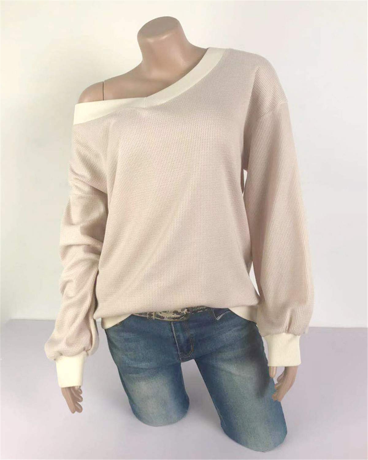 Dreamskull Women's V-Neck Batwing Long Sleeve Waffle Knit T-Shirt Off Shoulder Sweater Top | Casual Fall Winter Pullover | Perfect for Date Night, Office Wear & Weekend Outfits