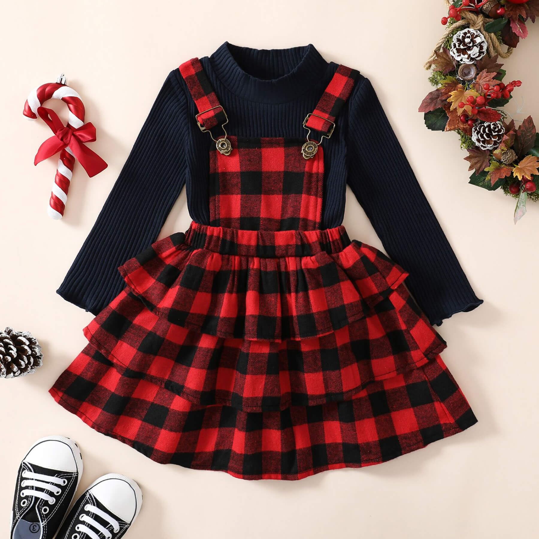 QURYPOMO Toddler Baby Girl Christmas Dress - Long Sleeve Red Plaid Suspender Skirt Set | Holiday Outfit for Infants & Toddlers | Perfect for Xmas Photos, Parties & Family Gatherings