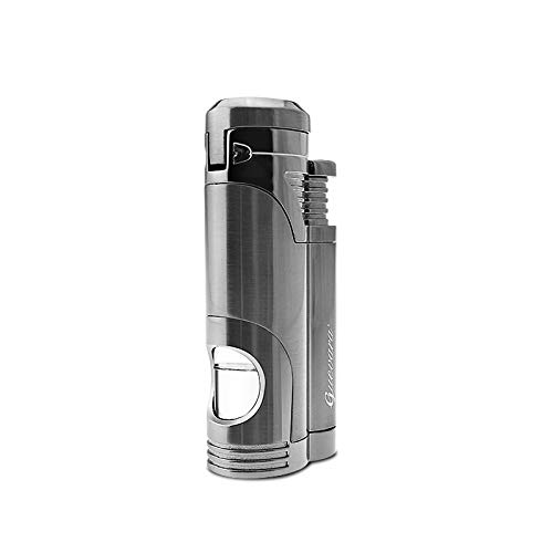 GUEVARA Windproof Butane Torch Lighter - Dual Jet Flame, Refillable, Punch Design (Grey) - Perfect for Cigars, Camping, Cooking & Outdoor Use