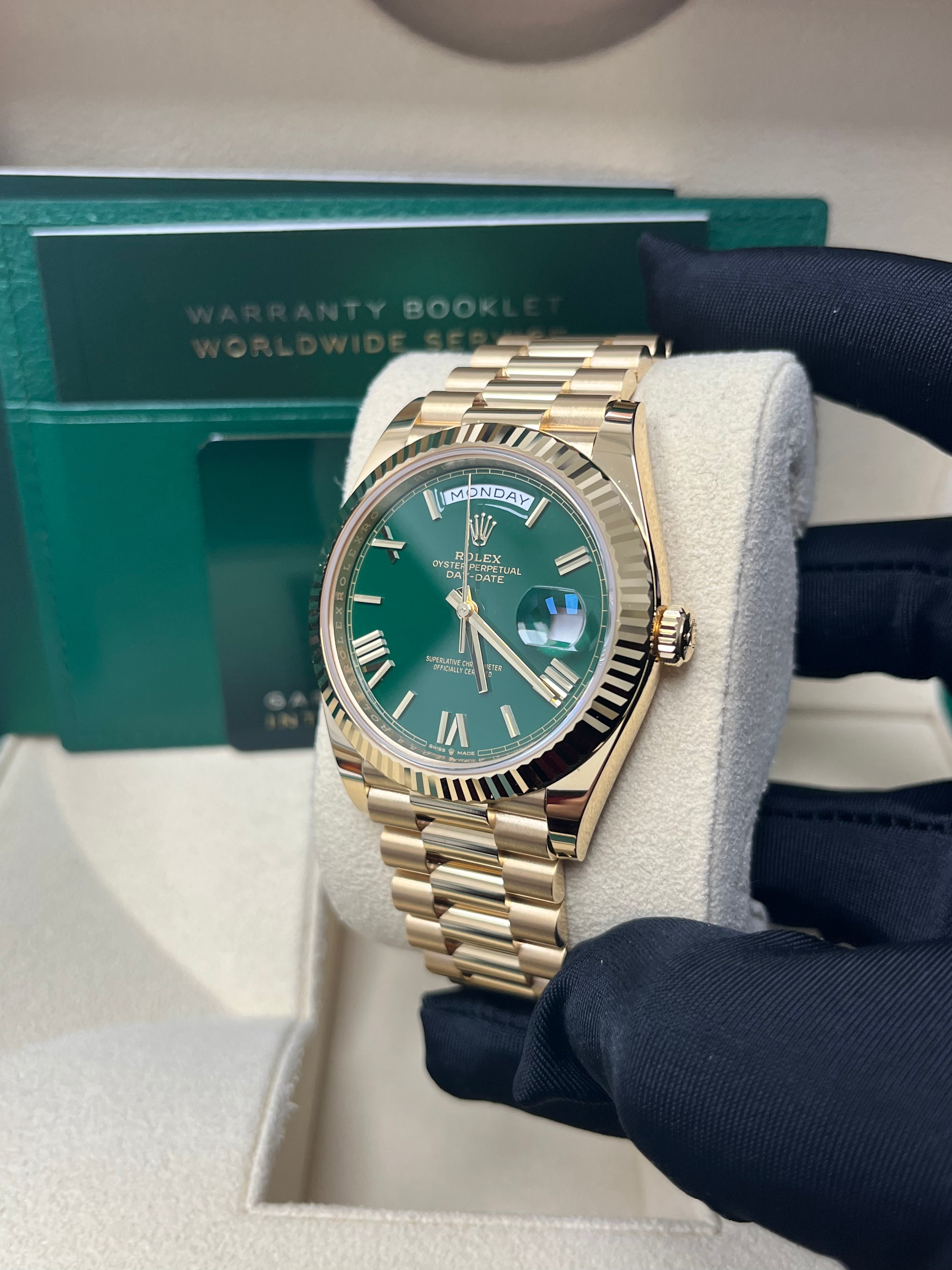 Rolex Day Date 40mm Men's Watch - 18K Yellow Gold Case, Green Roman Dial (Model 228238) | Luxury Dress Watch for Business & Formal Occasions
