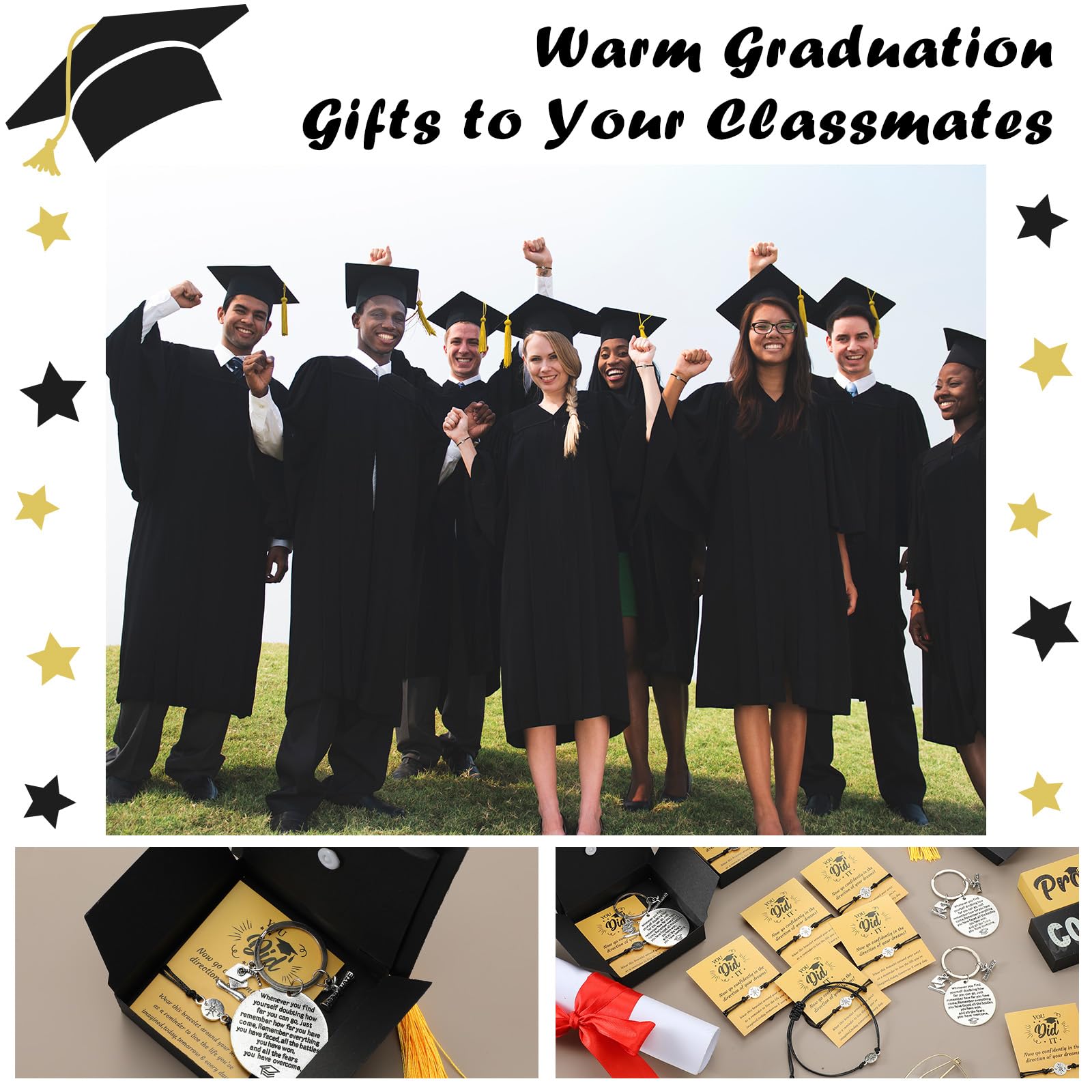 24 Sets 2025 Graduation Gifts - Unisex Bracelets with Cap Box, Inspirational Quote Card & Keychain - Perfect for Class of 2025 Graduation Parties, Senior Gifts & Commencement Celebrations