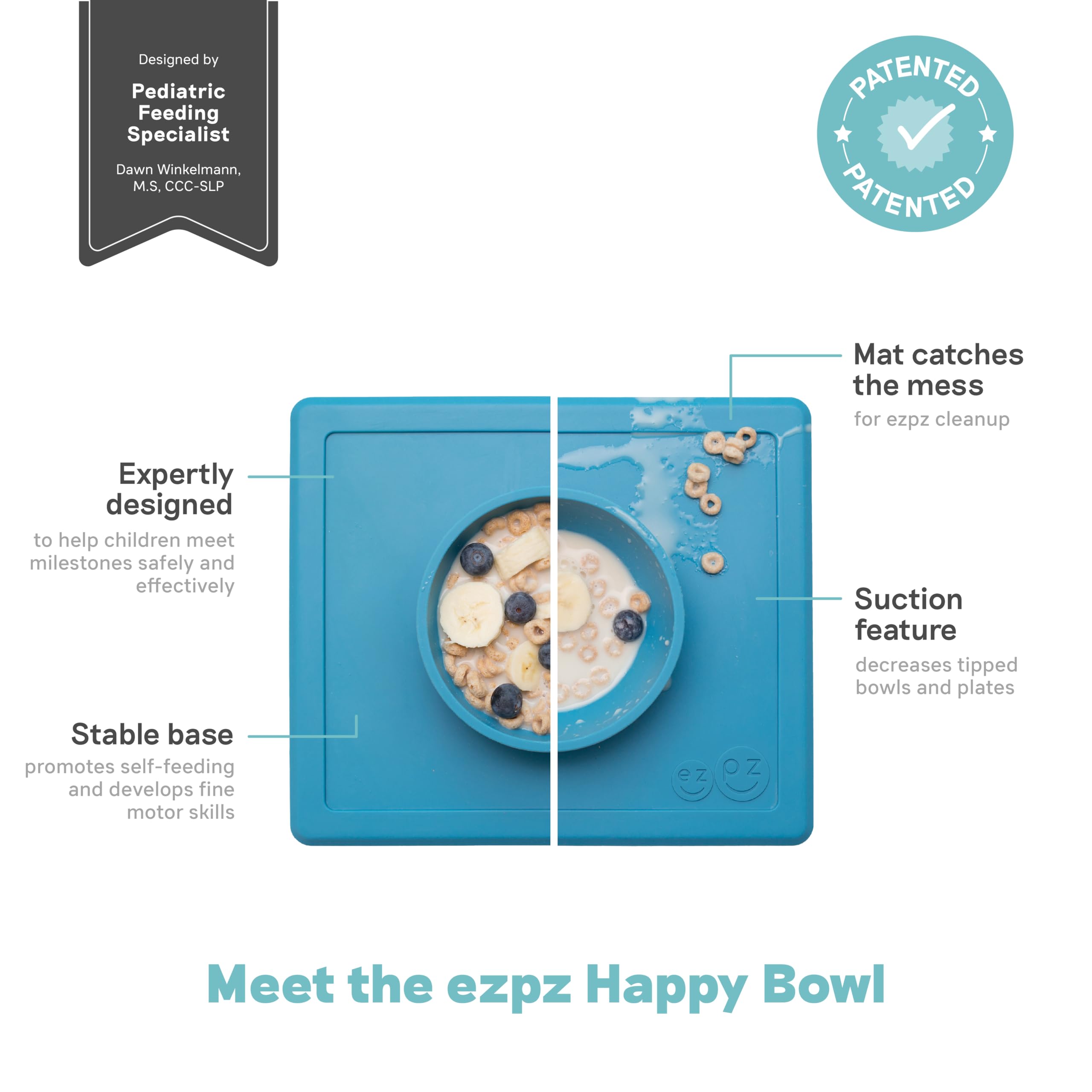 Ezpz Happy Bowl - 100% Silicone Suction Bowl with Built-in Placemat for Toddlers 24 Months+ (Blue) | Dishwasher Safe | Perfect for Mess-Free Mealtime at Home or Travel