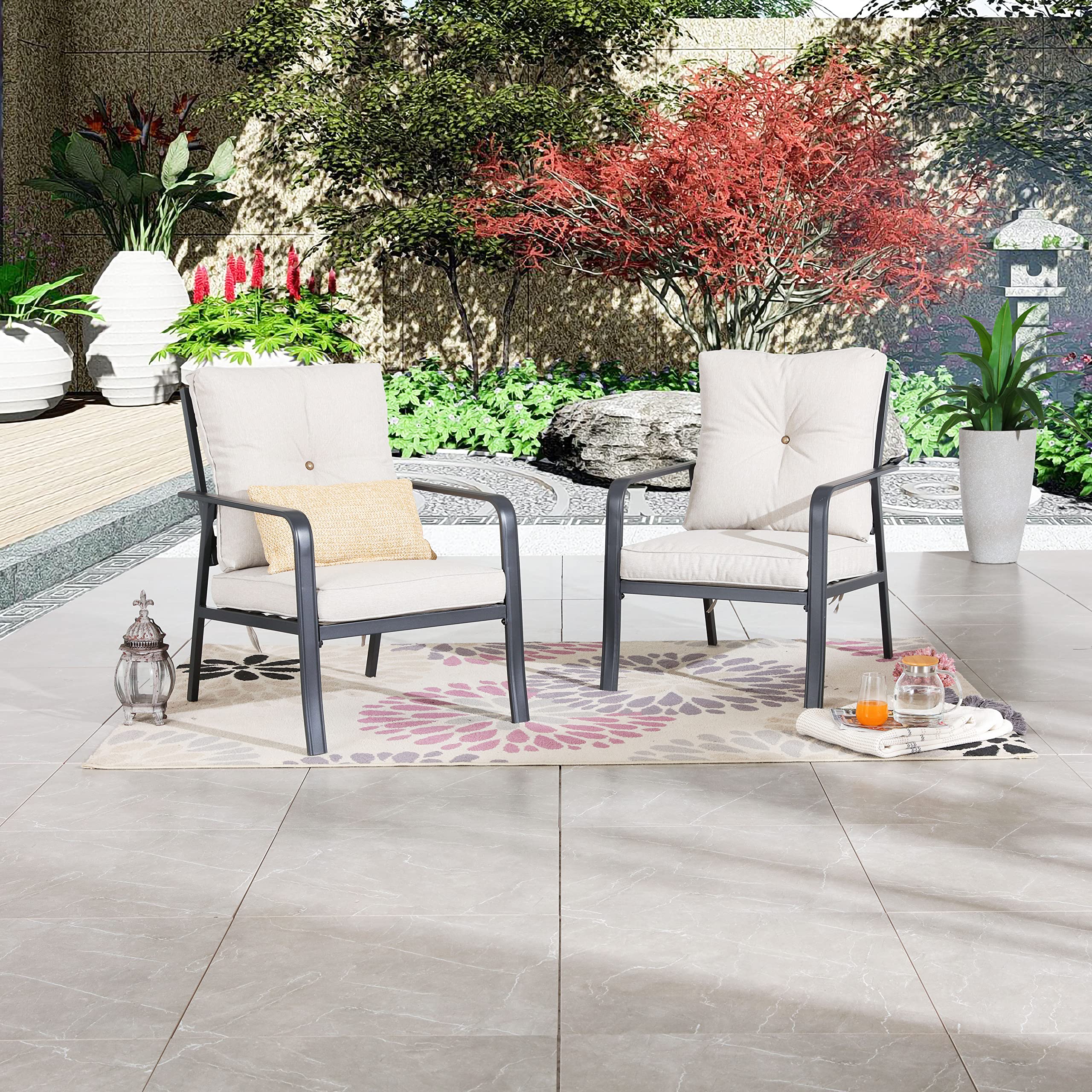 LOKATSE HOME 2-Piece Modern Patio Dining Chairs Set with Beige Cushions - Outdoor Bistro Furniture for Balcony, Backyard, Garden - Perfect for Relaxing, Entertaining & Dining Al Fresco