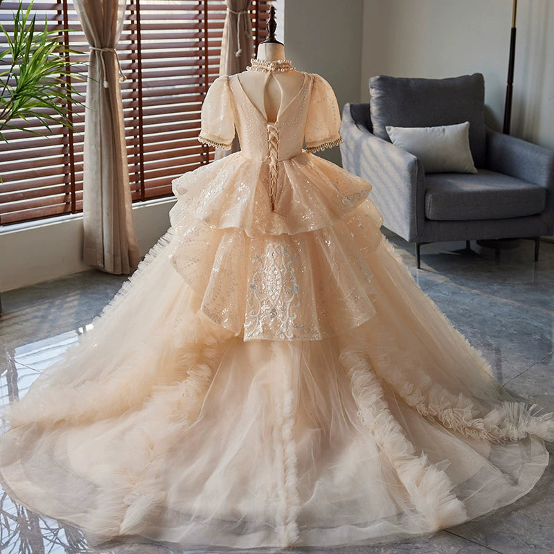 Champagne Organza Flower Girl Dress with Princess Design - Elegant Floor-Length Formal Gown for Weddings, Baptisms & Special Occasions