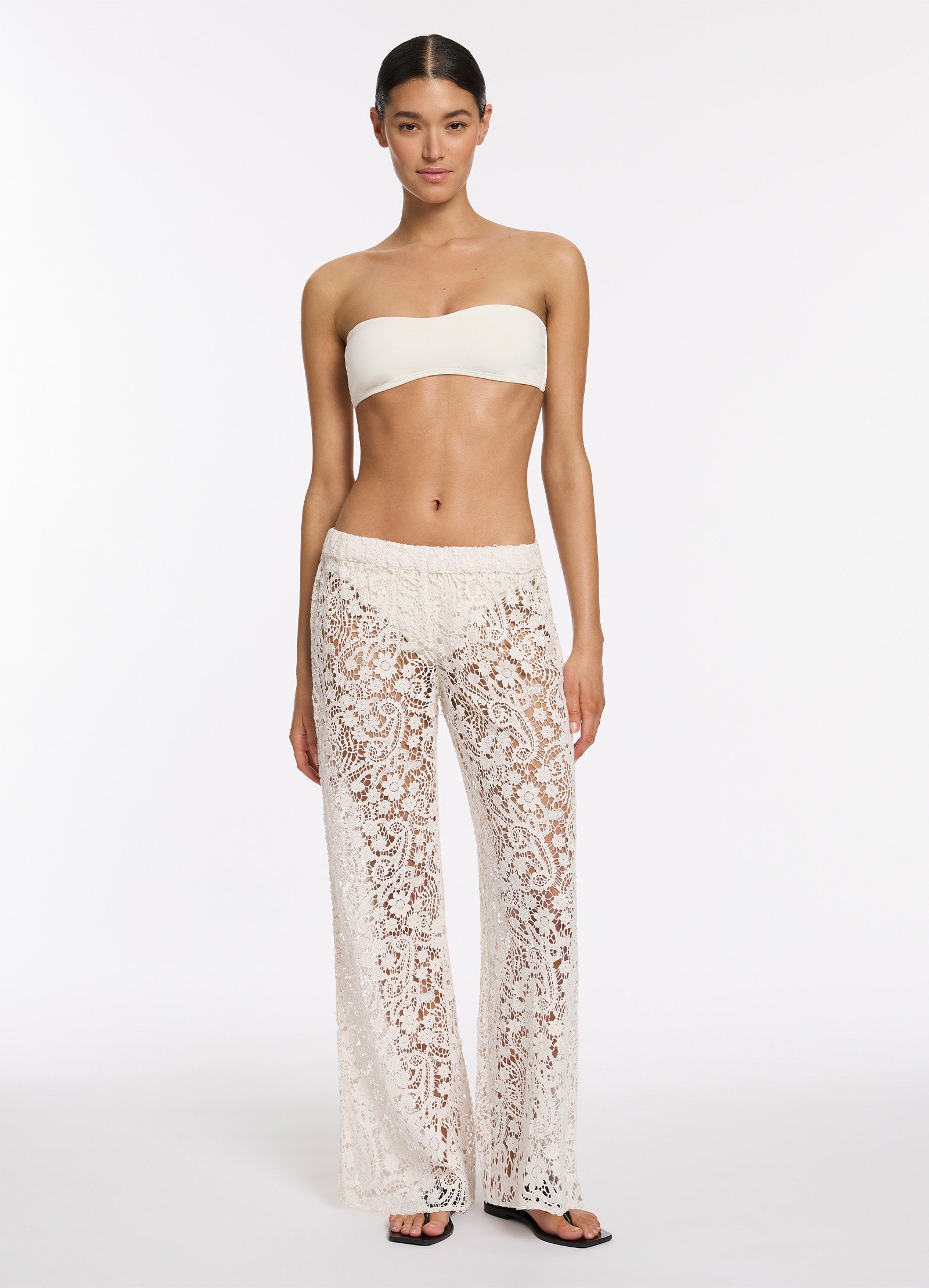 Velana Lace Wide Leg Pants for Women - Soft Cream High Waisted Palazzo Trousers - Elegant Boho Chic Lounge Pants for Casual Wear, Office, and Special Occasions