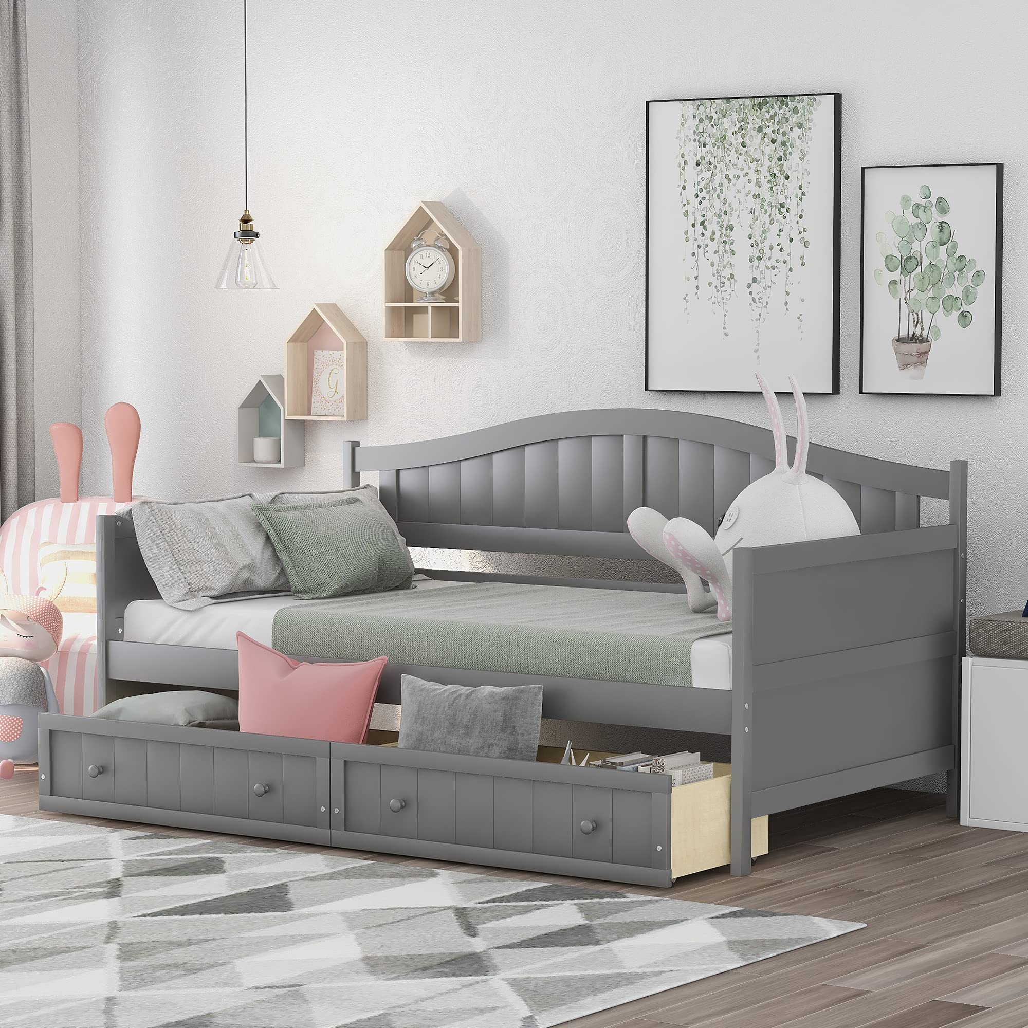 Twin Size Wooden Daybed Frame with 2 Storage Drawers on Wheels - Grey Captains Sofa Bed for Kids & Teens - Perfect for Small Spaces, Guest Rooms & Dormitories