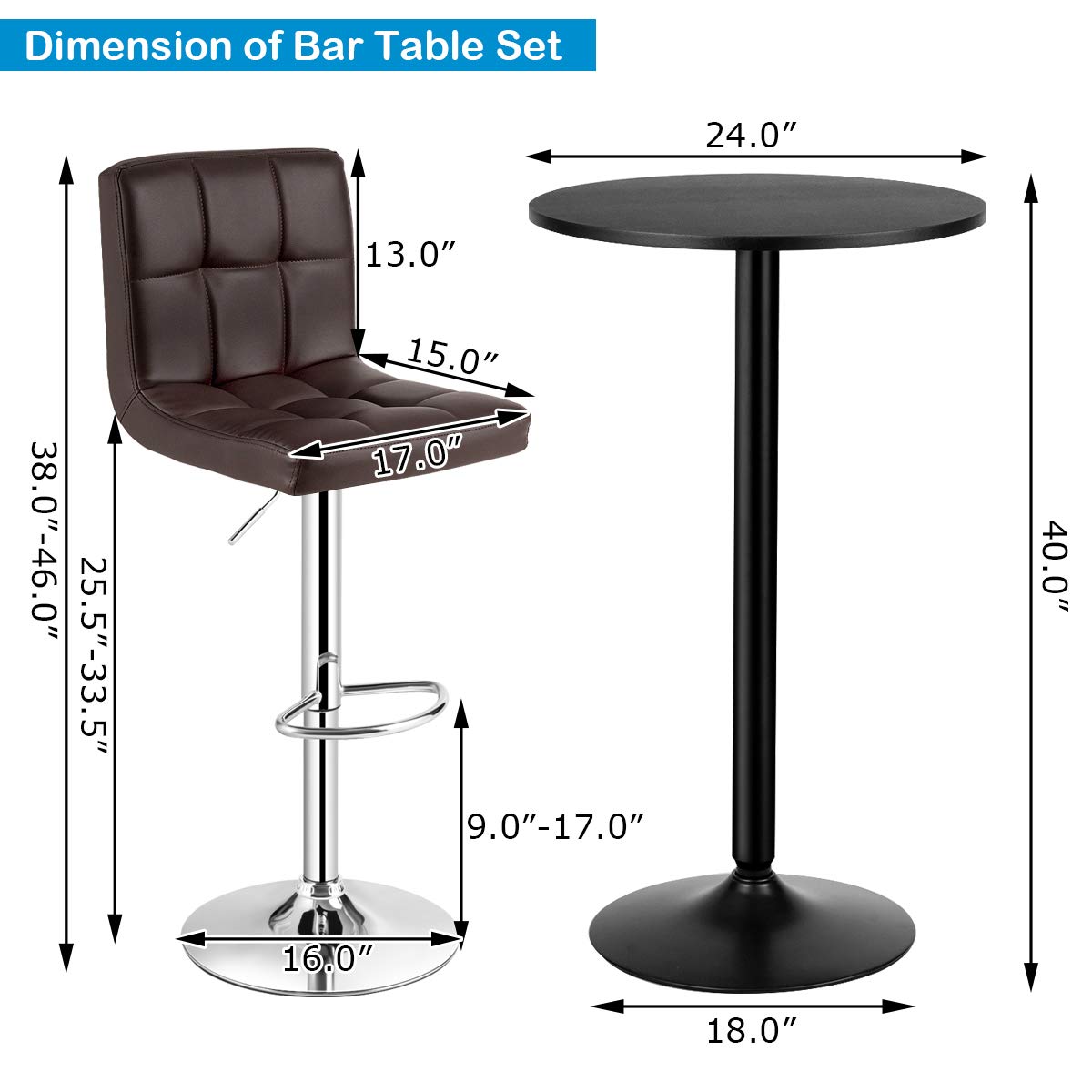 COSTWAY 3-Piece Modern Bar Table Set with Round Cocktail Table & Adjustable PU Leather Swivel Bar Stools - Counter Height Dining Set for Kitchen, Office, Restaurant, or Home Bar (Brown)