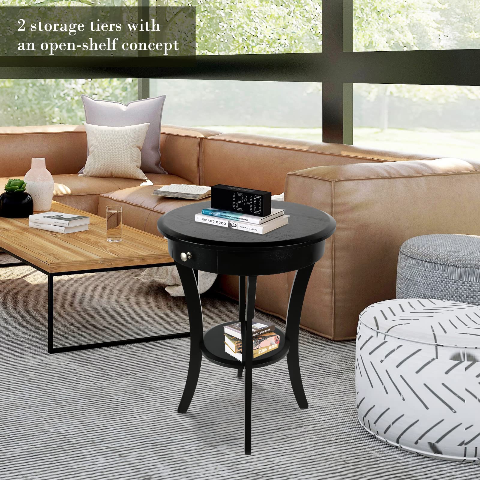 ECOMEX Round End Table with Drawer and Shelf - Solid Wood Side Table in Retro Country Classic Style - Perfect as Living Room Accent Table, Record Player Stand & Bedside Nightstand (Black)