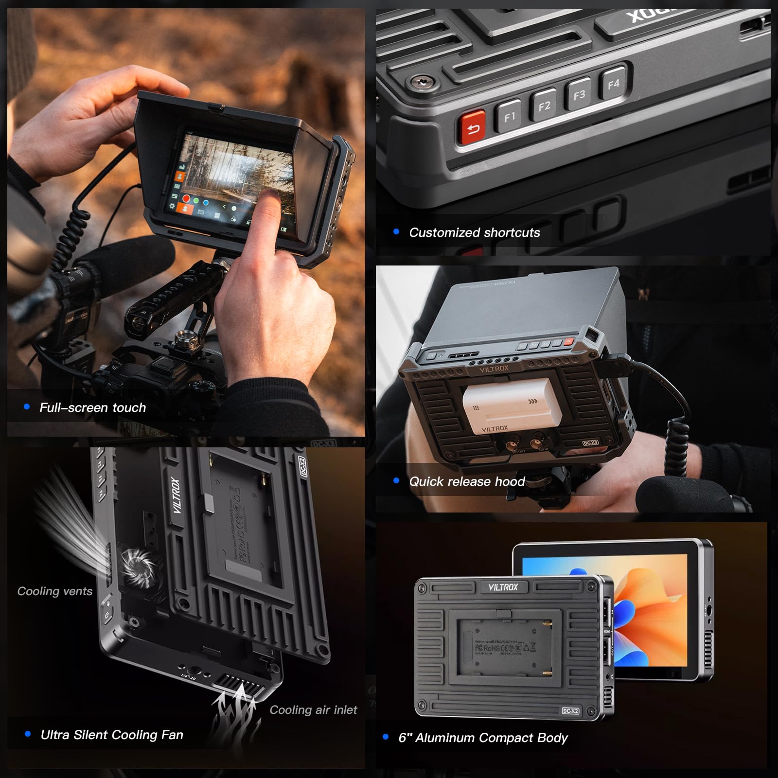 VILTROX DC-X2 6 Inch 4K HDMI Touchscreen Camera Field Monitor - 2000nits Brightness, 160° Wide View Angle, 1920x1080 Resolution, 3D LUT, Peaking Focus Assist - Includes Sunshade Hood & Battery - Perfect for DSLR, Mirrorless & Cinema Camera Monitoring On Location