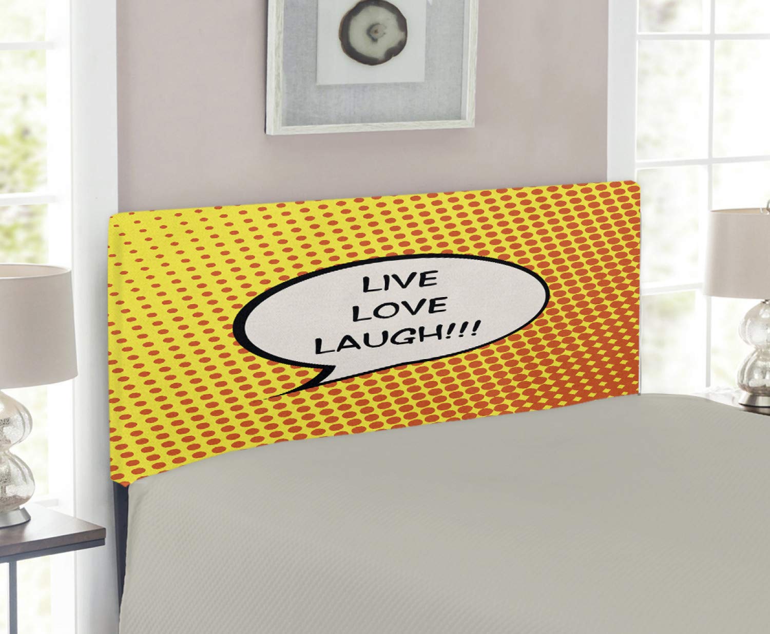 Ambesonne Live Laugh Love Upholstered Headboard - Comic Book Style Speech Bubble Design on Halftone Background, Decorative Metal Bed Frame with Memory Foam Padding, Twin Size in Orange Yellow Black - Perfect for Teen Bedrooms, Dorm Rooms & Modern Home Decor