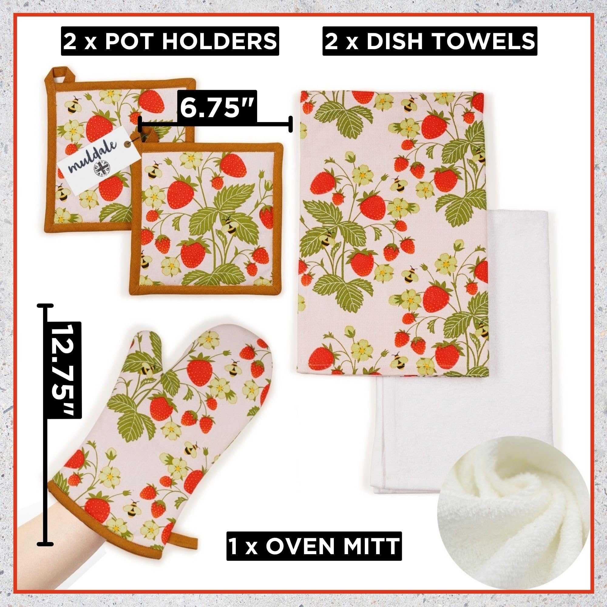 Muldale Oven Mitt and Kitchen Towel Set - 5-Piece Strawberry Pattern Heat Resistant Pot Holders & Dish Cloths - Kitchen Textile Decor Accessories for Baking, Cooking & Home Decor