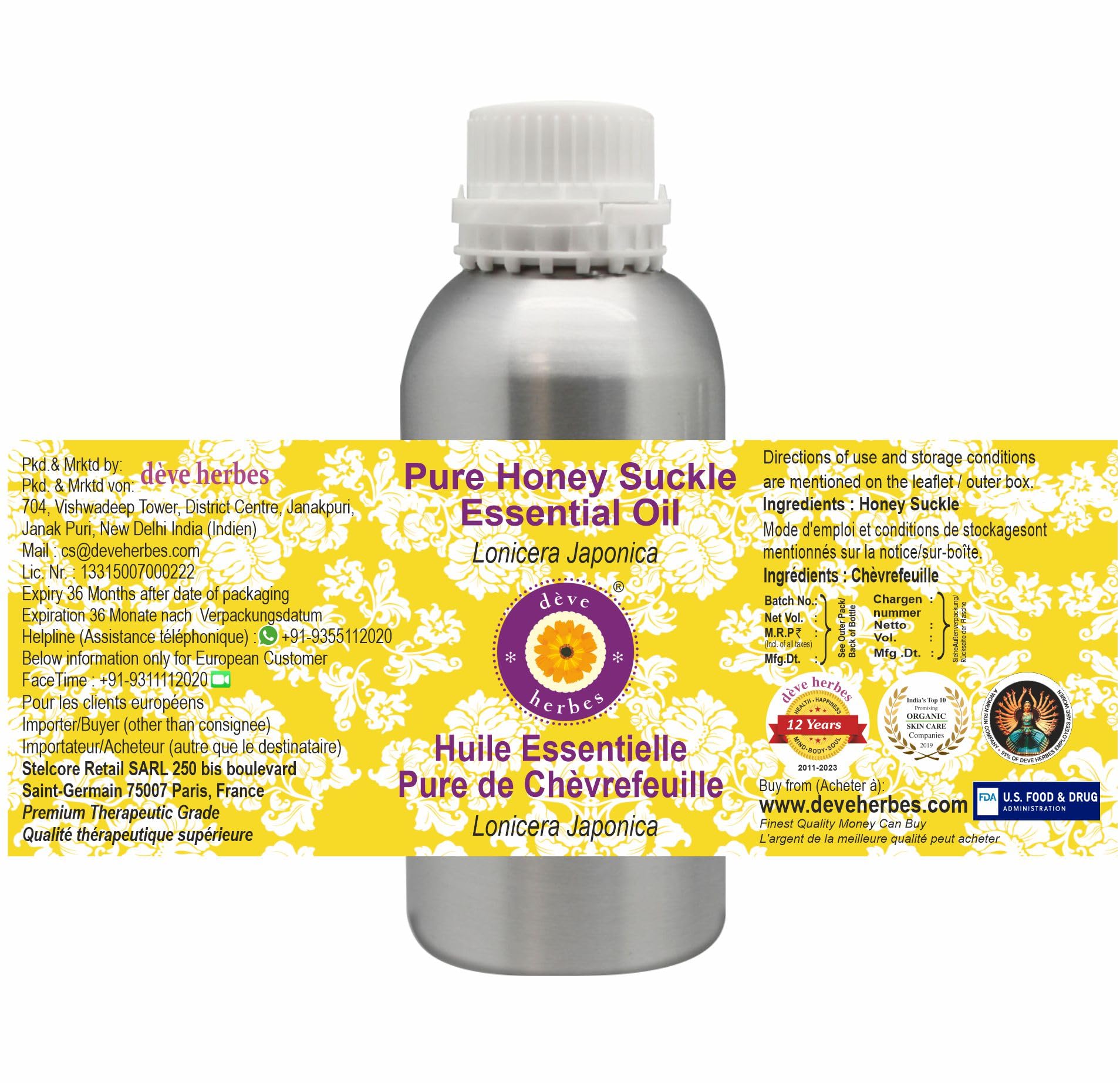 Deve Herbes Pure Honeysuckle Essential Oil (Lonicera Japonica) - 630ml (21oz) Steam Distilled for Aromatherapy, Massage & Skin Care