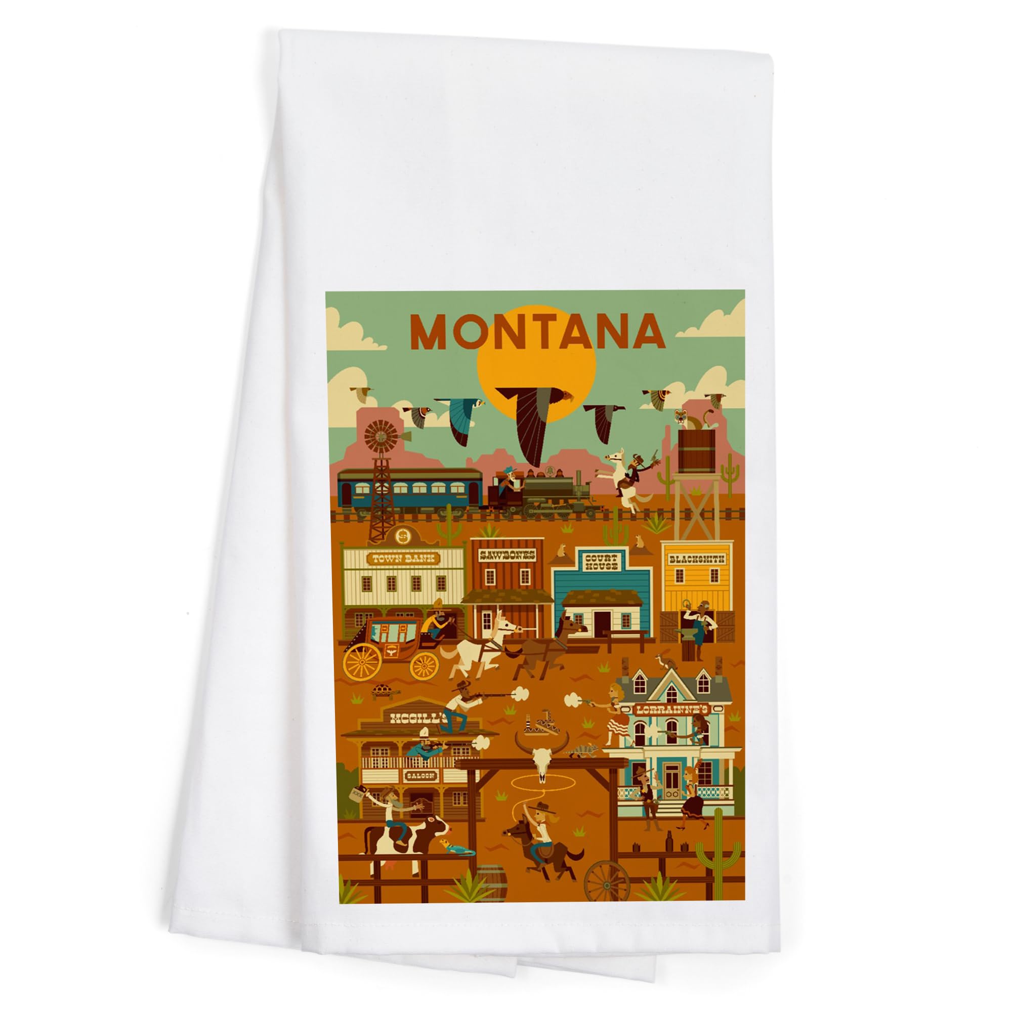 Lantern Press Montana Old Town Geometric Artwork - 100% Cotton Tea Towel & Decorative Hand Towel for Kitchen, Home Decor | Perfect for Dish Drying, Gift Giving & Farmhouse Style Decor